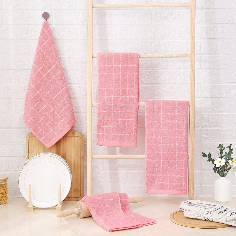 Homaxy 100% Cotton Terry Kitchen Towels(Pink, 13 x 28 inches), Checkered Designed, Soft and Super Absorbent Dish Towels, 12 Pack