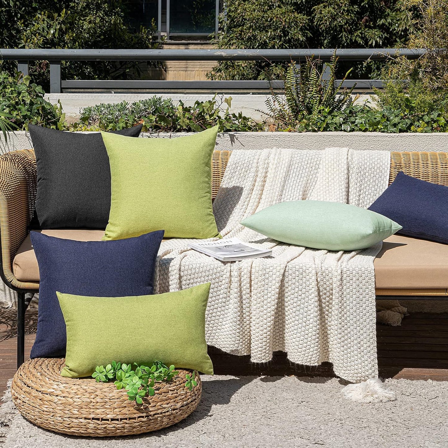 MIULEE Decorative Outdoor Throw Pillow Covers - Waterproof Faux Linen Cushion Cases | 16x16 Inch Black (Pack of 2)