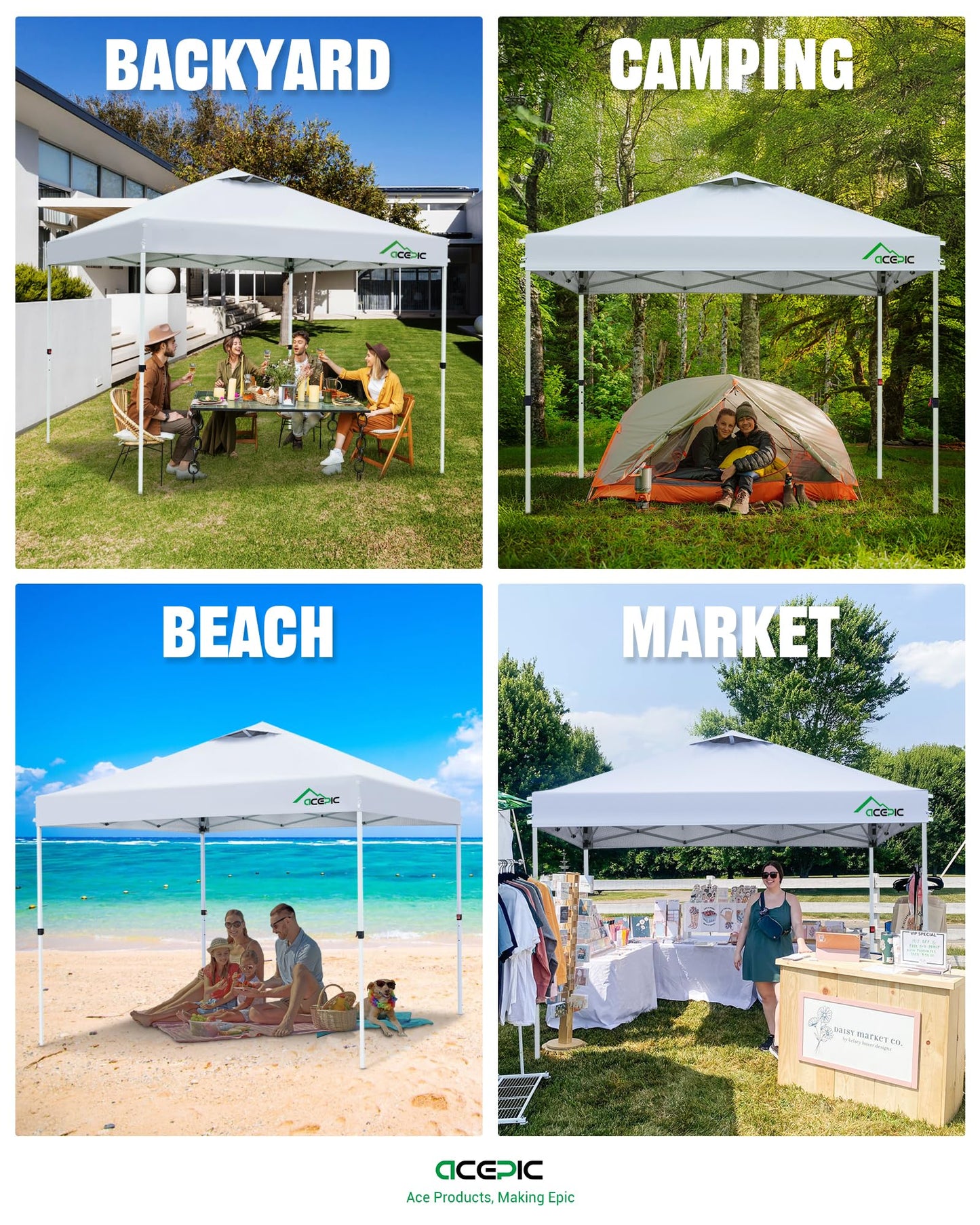 Acepic 10x10 Pop Up Canopy Tent, One Push Instant Outdoor Gazebo with Vented Top, Upgraded 300D Silver Coated Sun Shade for Parties Camping Vendor, Includes Wheeled Bag and 4 Sandbags, White