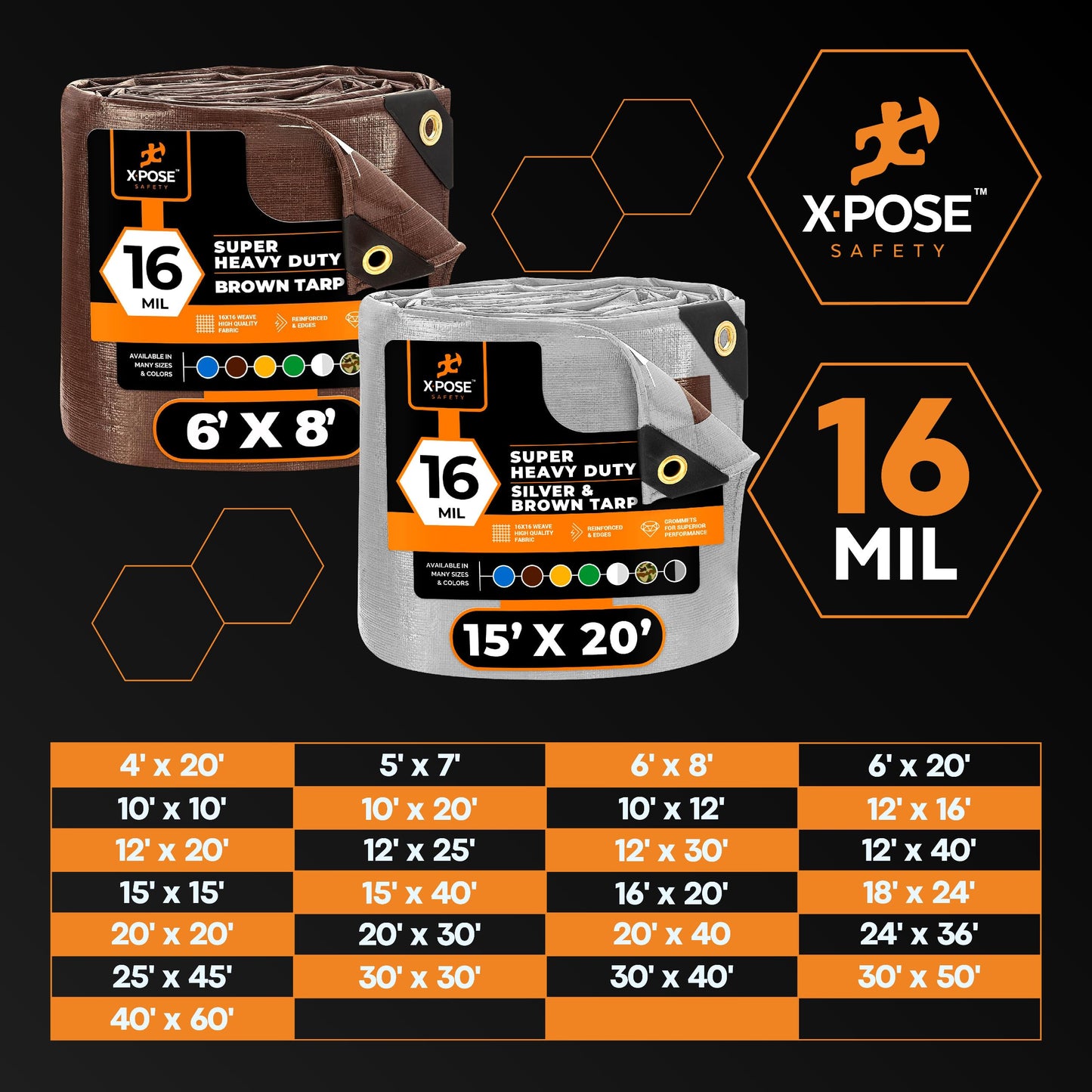 18' x 24' Super Heavy Duty 16 Mil Brown Poly Tarp Cover - Thick Waterproof, UV Resistant, Rip and Tear Proof Tarpaulin with Grommets and Reinforced Edges - by Xpose Safety