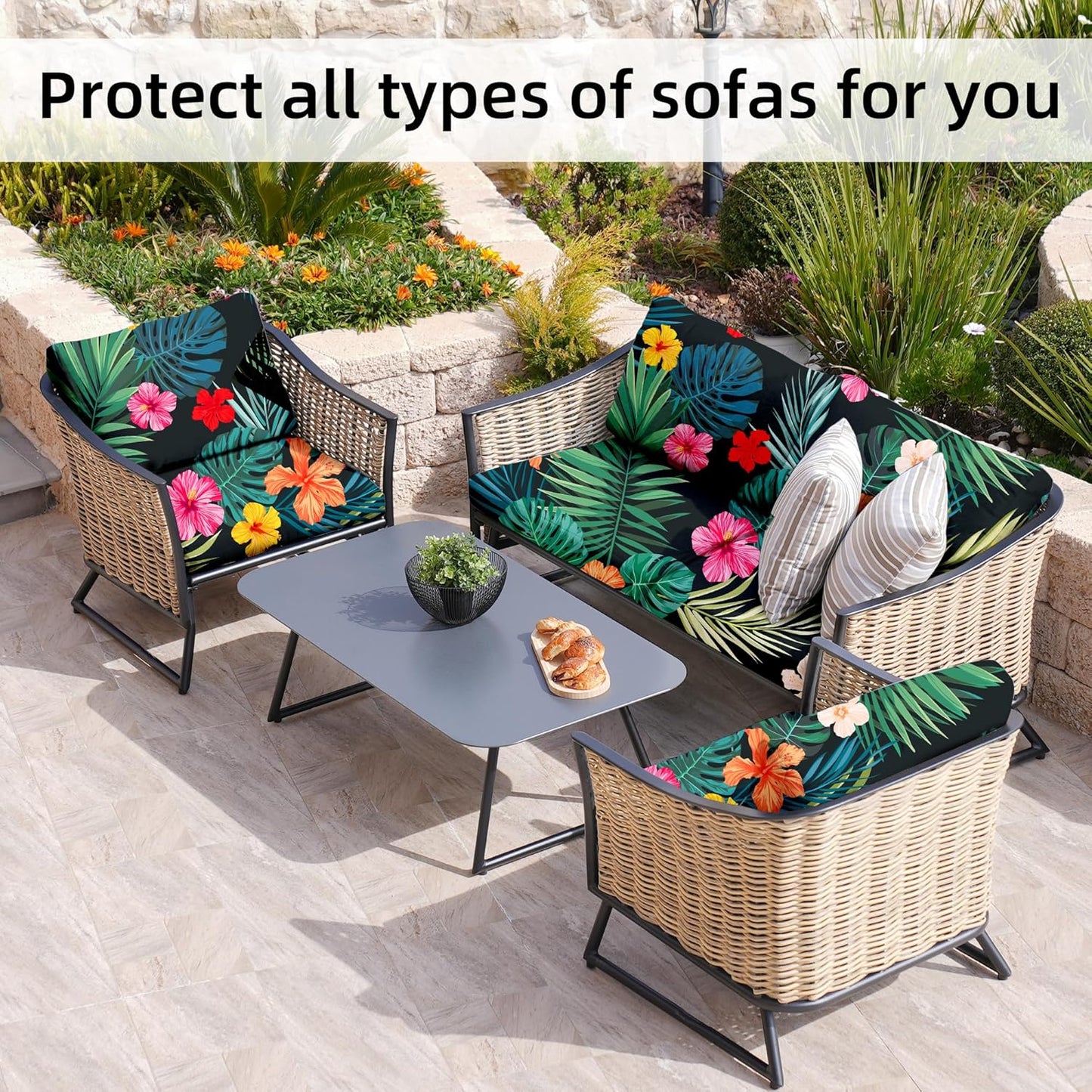 Skiennix 8Pcs Stretch Patio Cushion Covers - Washable & Reusable Outdoor Sofa Slipcovers | Flowered Leaves Design