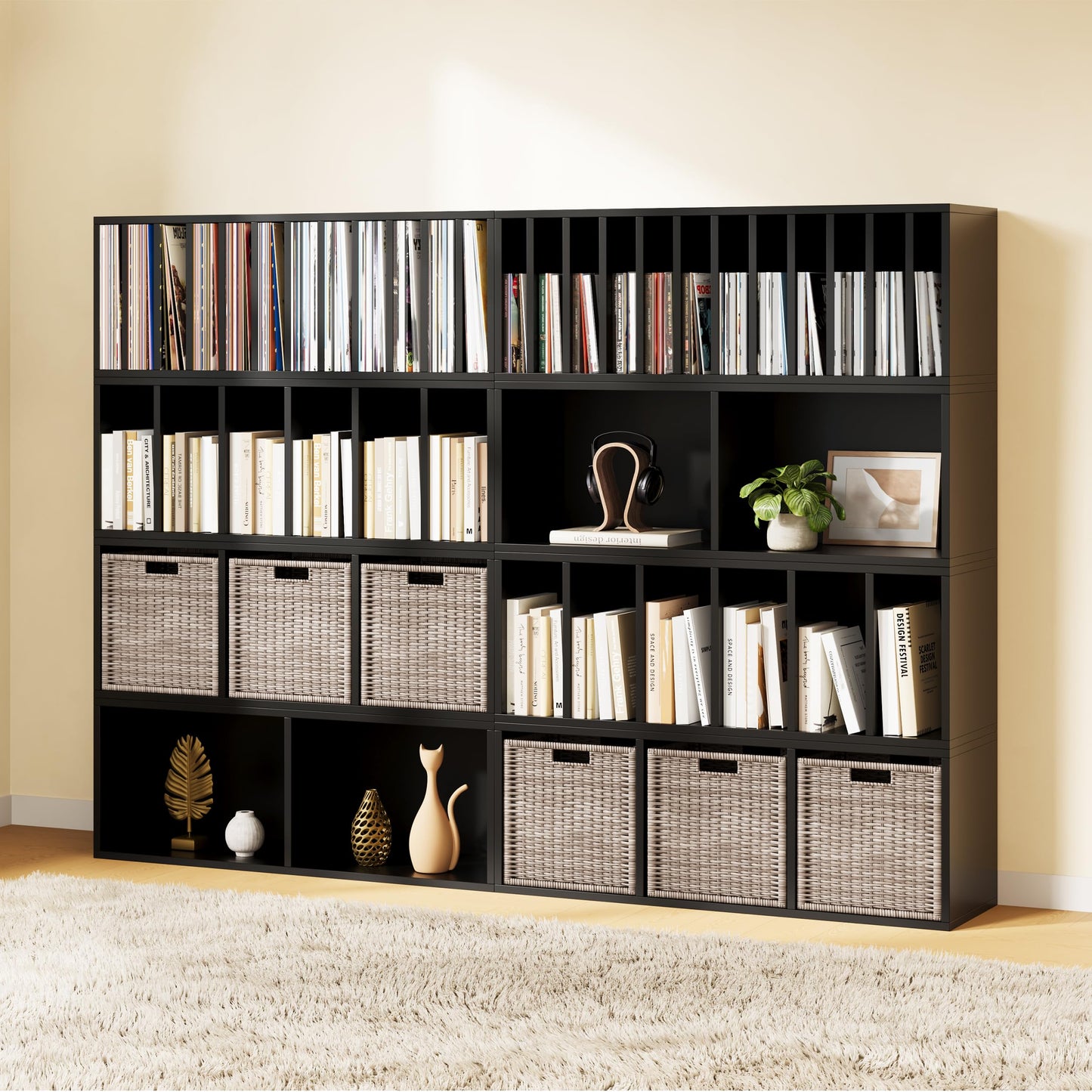 IOTXY DIY Modular Cube Bookcase - CubeXY Customizable Stackable Expandable Combination Set, 23-Cube Open Bookshelf for Books, Fabric Storage Bin, and 7/10-inch Vinyl Record Organizer, Black