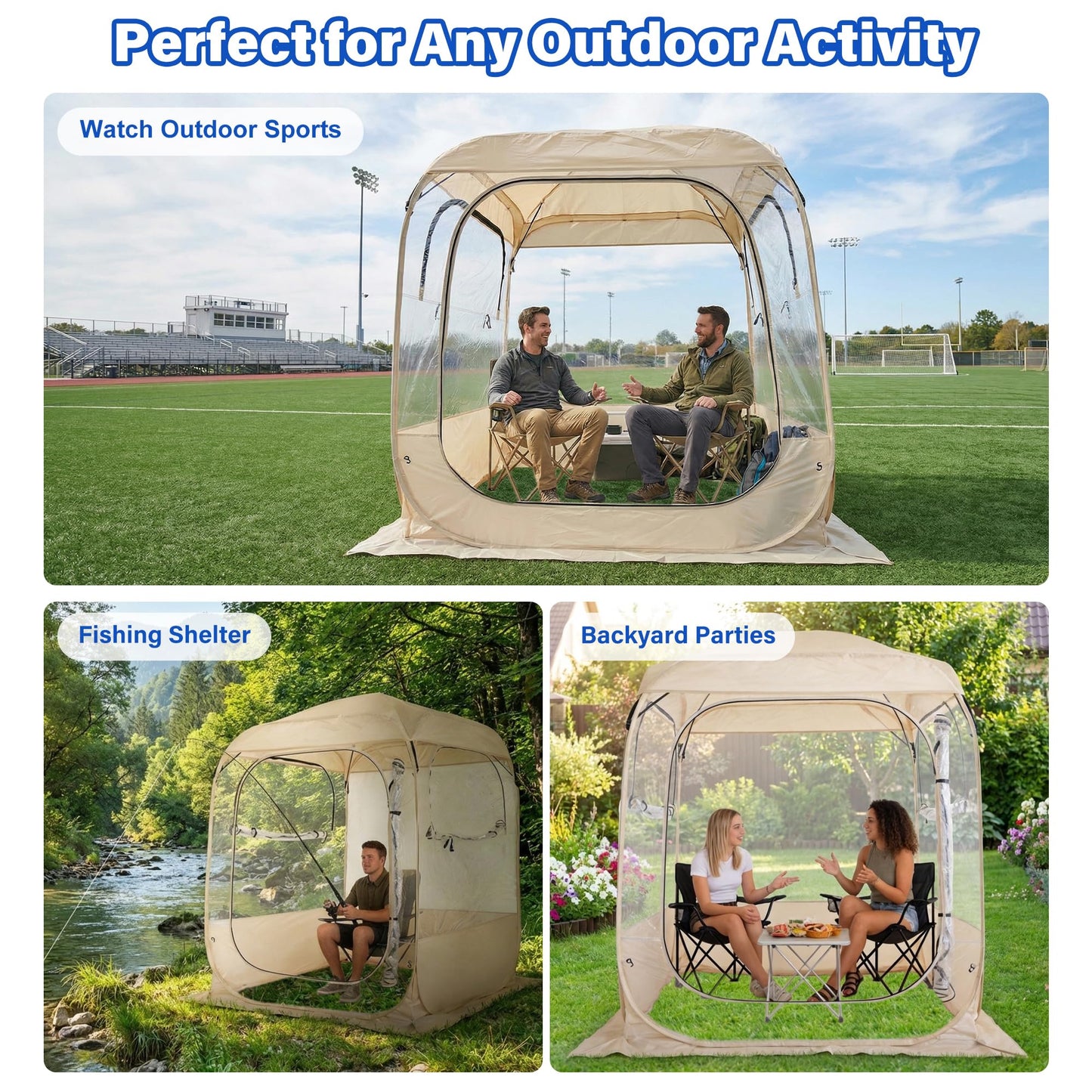 DIAMONDFORGE Pop Up Sports Tent 5x5 FT, Portable Waterproof Clear Tent with Removable Top Cover for 2-3 Person, Instant Setup, Spacious BubbleTent for Outside, Patio and Outdoor Activities, Beige