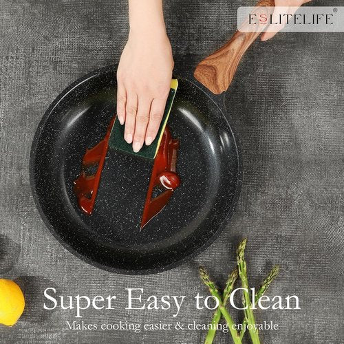 ESLITE LIFE Nonstick Cookware Set - 12 Pcs Granite Coating Pots & Pans | PFOA Free, Black, All Stovetops Compatible