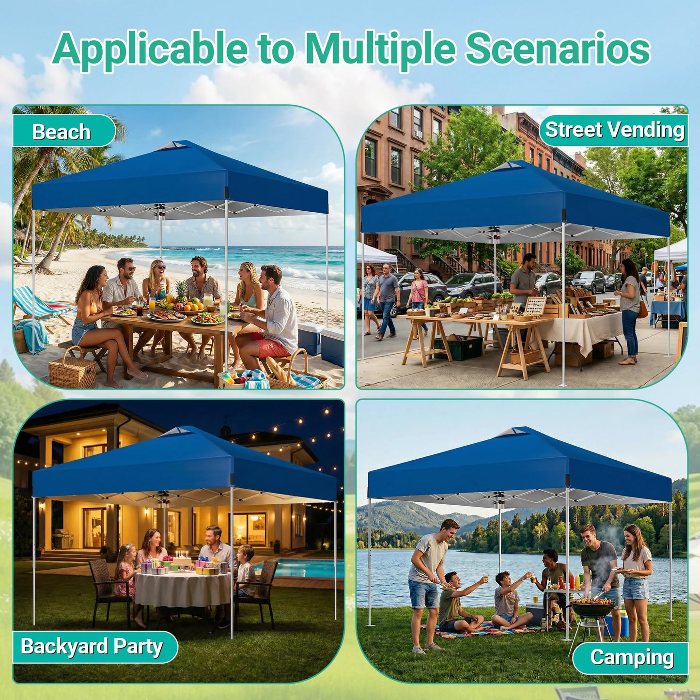 10 x 10FT Blue Pop Up Canopy Tent, Easy Setup Outdoor Portable Gazebos Shelter Sun Shade with Wheeled Carry Bag, Sandbags for Events, Party, BBQ, Backyard, Adjustable Height