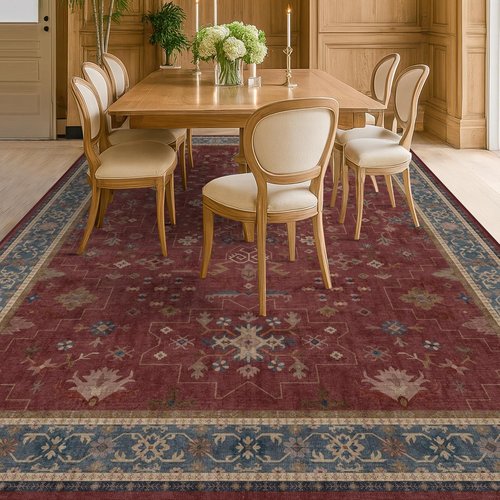 Hazo Haus Oriental Area Rug - Large 7x10 Burgundy Soft Non-Slip Design for Bedroom & Living Room