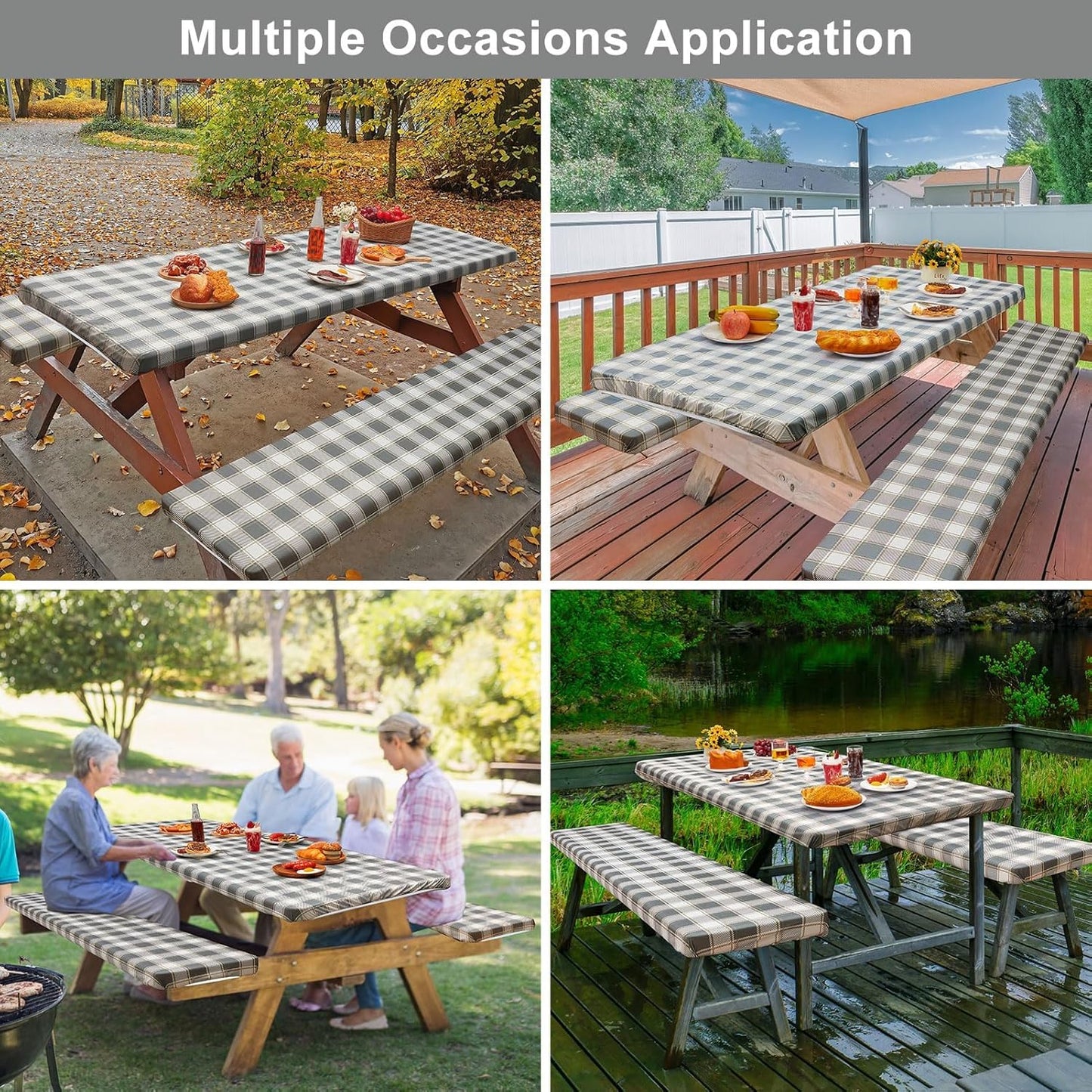 Picnic Table Cover - Waterproof & Windproof Camping Tablecloth with Bench Covers | 72in, Gray White