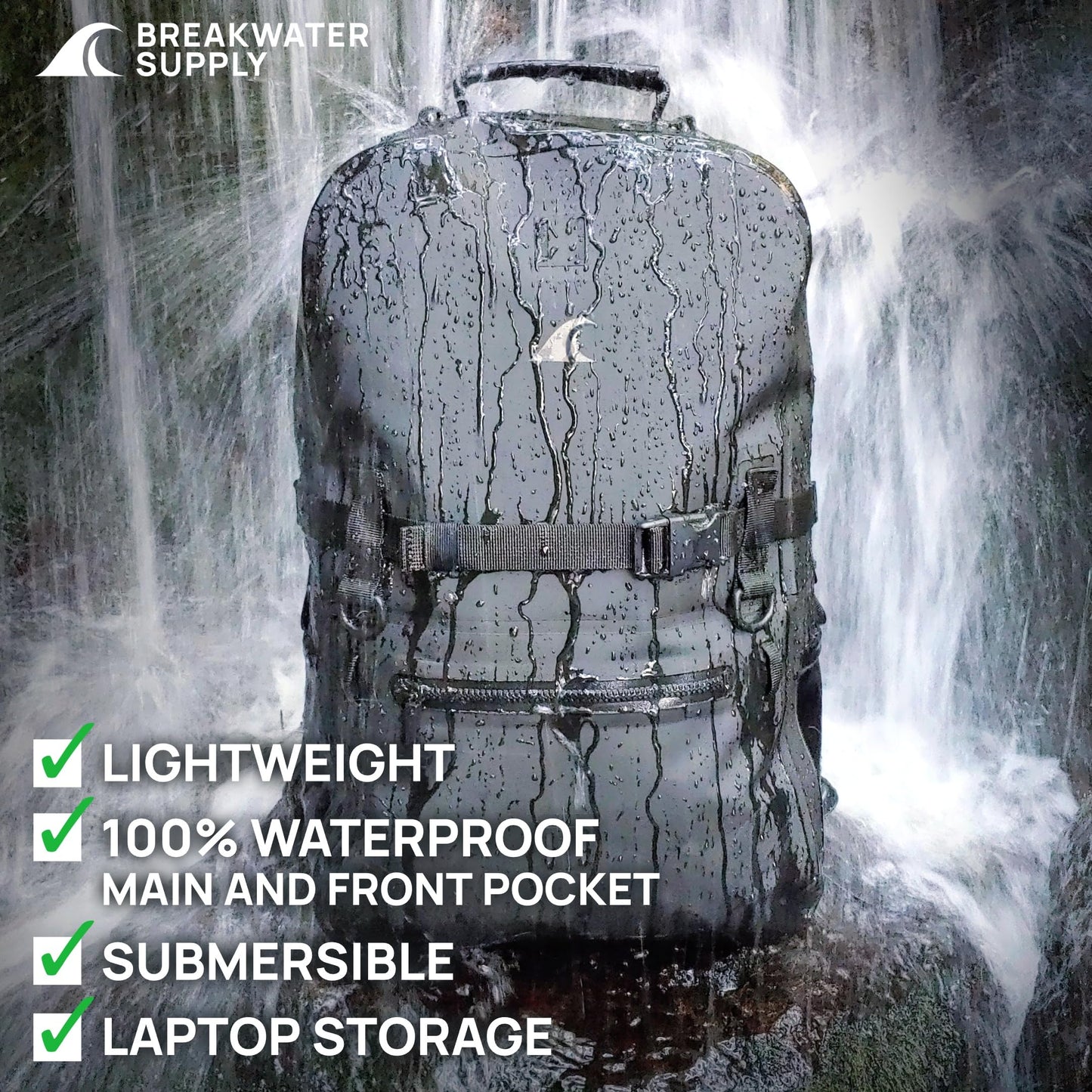 Breakwater Supply Waterproof Preparedness Pack, IP68 Submersible Airtight Backpack and Waterproof Marine First Aid Kit for Boating, Fishing, Kayaking (Fogland 25L Stealth Black)