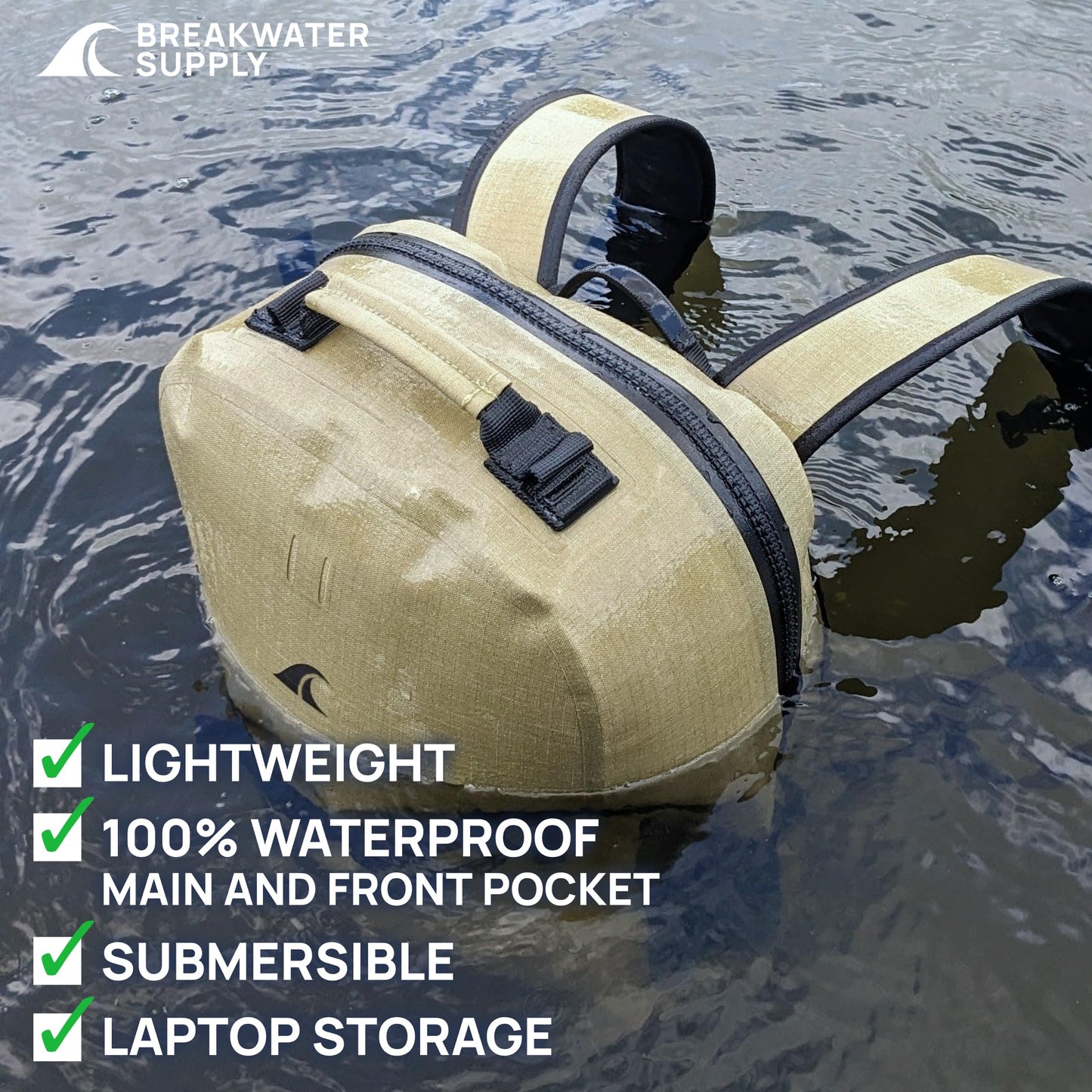 Breakwater Supply Waterproof Preparedness Pack, IP68 Submersible Airtight Backpack and Waterproof Marine First Aid Kit for Boating, Fishing, Kayaking (Fogland 25L Safari Tan Cordura)