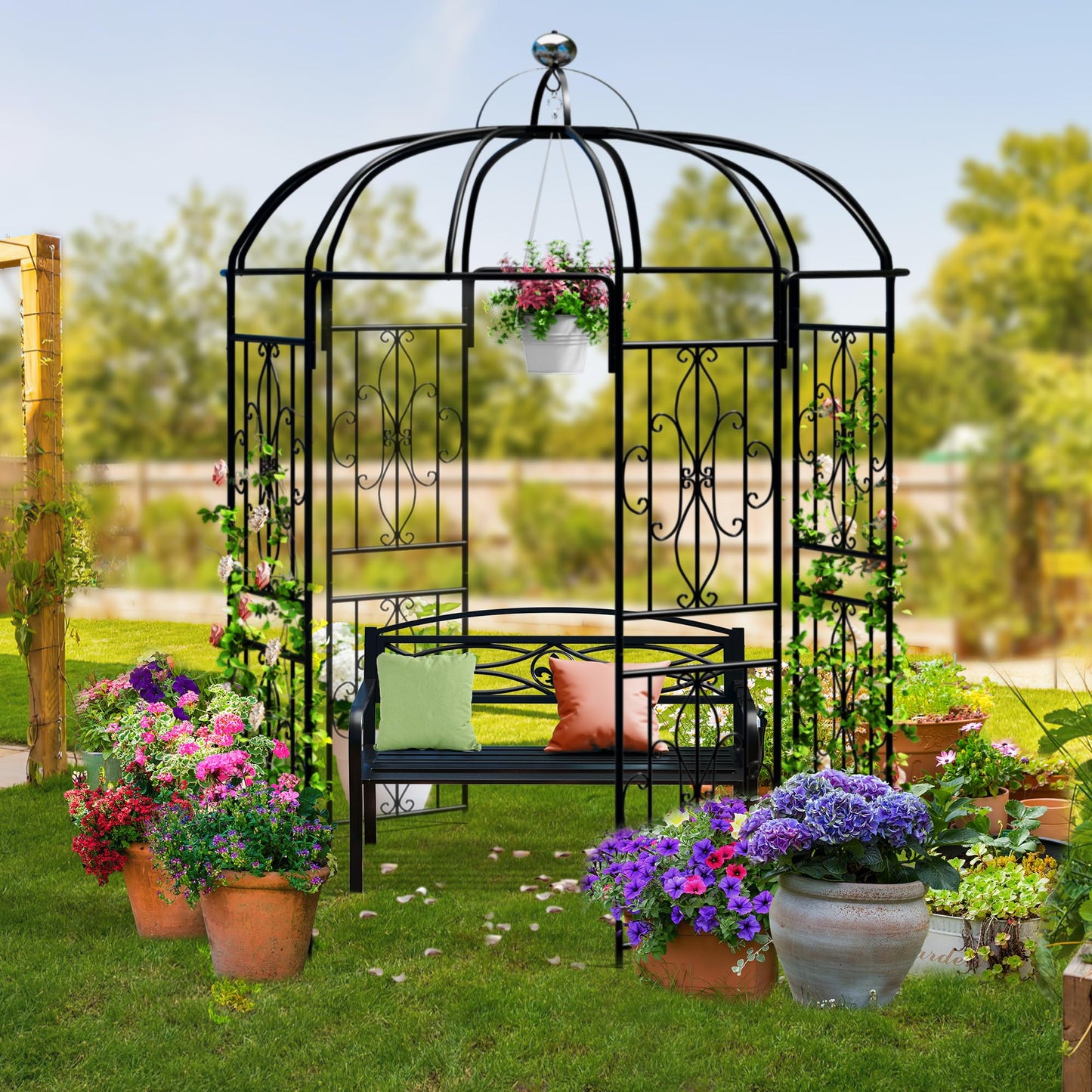 Ultym Birdcage Shape Garden Arch Arbors, 9.8'H x 6.8'W (81.5"W x 118"H) Pergola Pavilion for Climbing Plants Outdoor, Wedding Arches for Ceremony Party, Metal Garden Arbor for Patio, Backyard (Black)