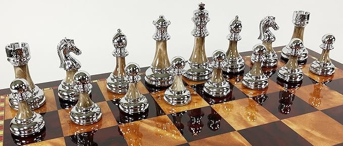 Staunton Chrome & Black Chrome Chess Men Set W 18 Gloss Cherry Color Board