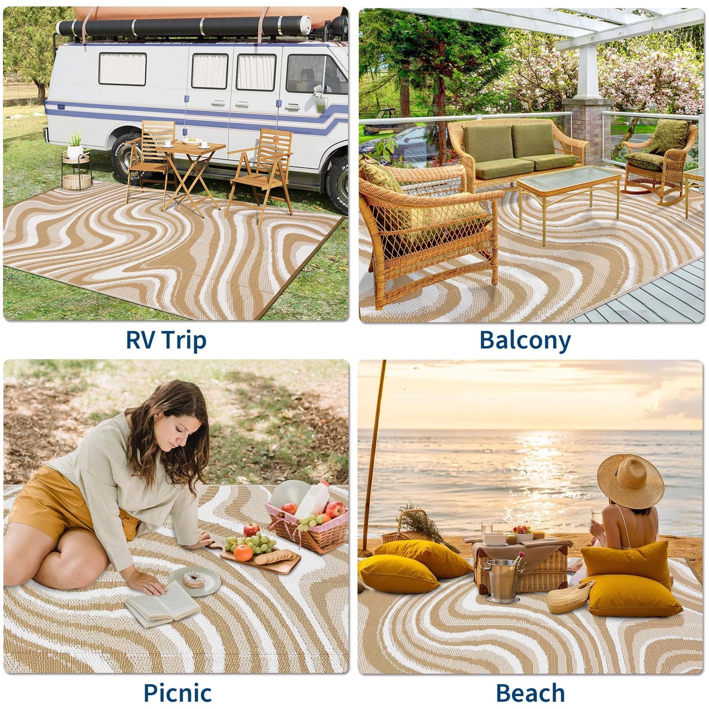 MilleLoom 10x20 Large Outdoor Patio Rug Modern Abstarct Plastic Straw Outdoor Rugs Waterproof Foldable UV Resistant Camping Reversible Mats for Deck, Camper, Balcony, Beach, Rv,Brown/Coffee/White