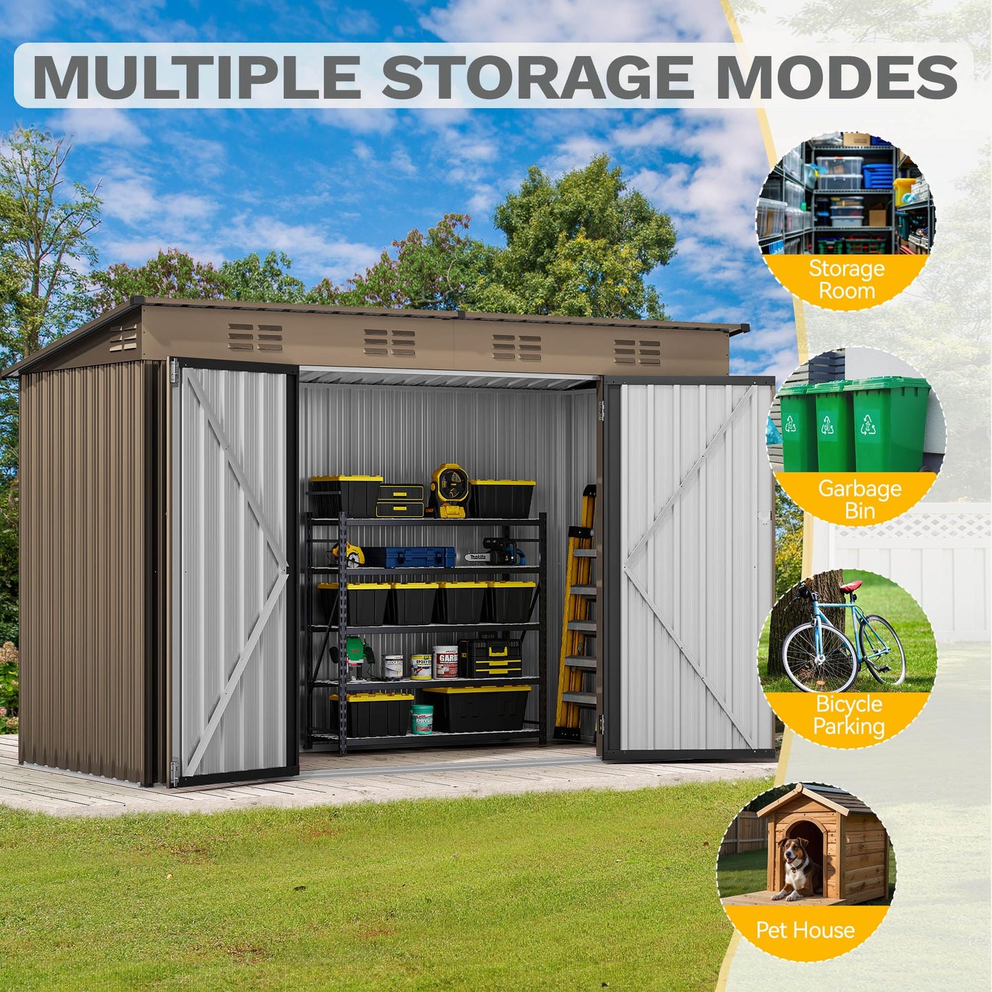 DWVO 9' x 4' Outdoor Storage Shed, Large Metal Tool Sheds, Heavy Duty Storage House with Lockable Doors & Air Vent for Backyard Patio Lawn to Store Bikes, Tools, Lawnmowers, Brown