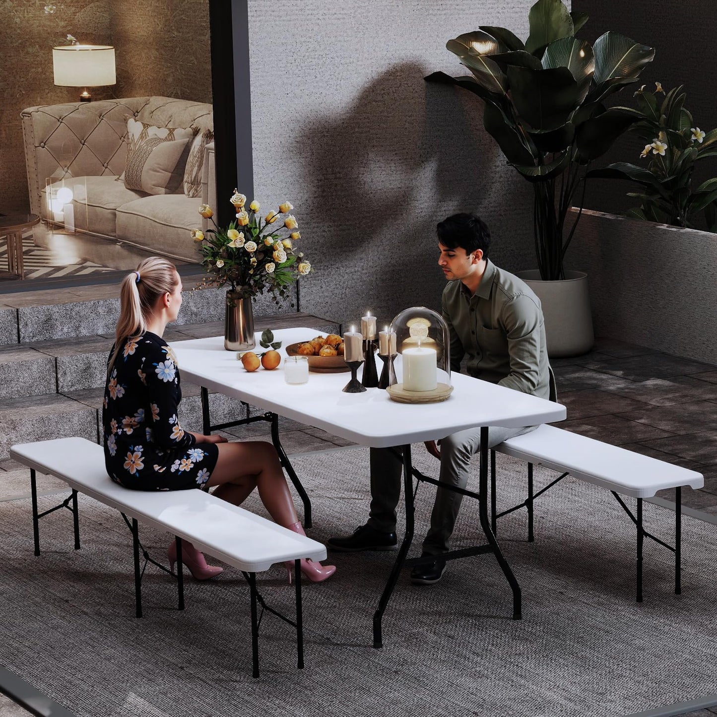 Real Relax 6' Picnic Table with 2 Benches, 3 Piece White Portable HDPE Folding Camping Table and Benches for Courtyard, Garden, Outdoor Leisure, Party
