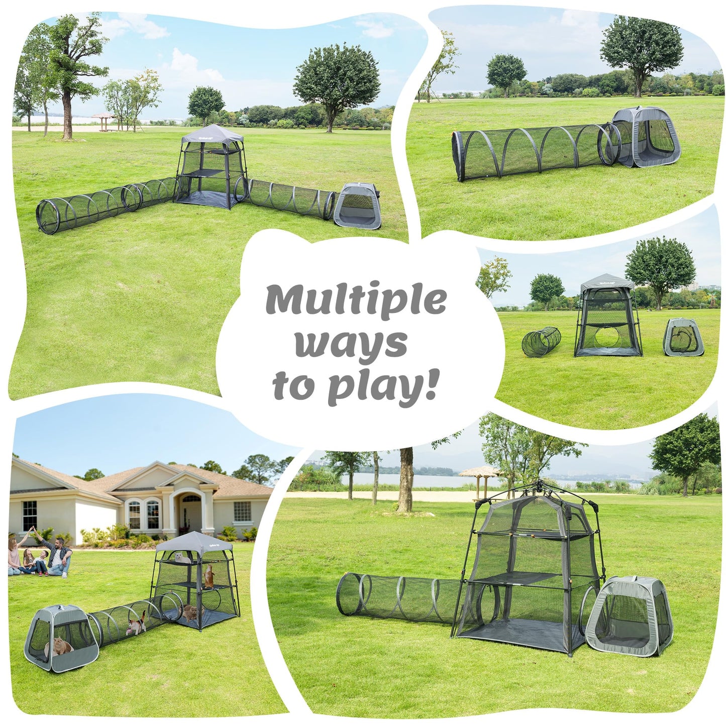 Catio Outdoor Cat Enclosure Combo for Indoor and Outdoor,3 Tier Cage Inside,Pop up Catio,Portable and Foldable(Includes cat Tower Tent, Tunnel and cage) Plus 2 cat Tunnel +1 Cube
