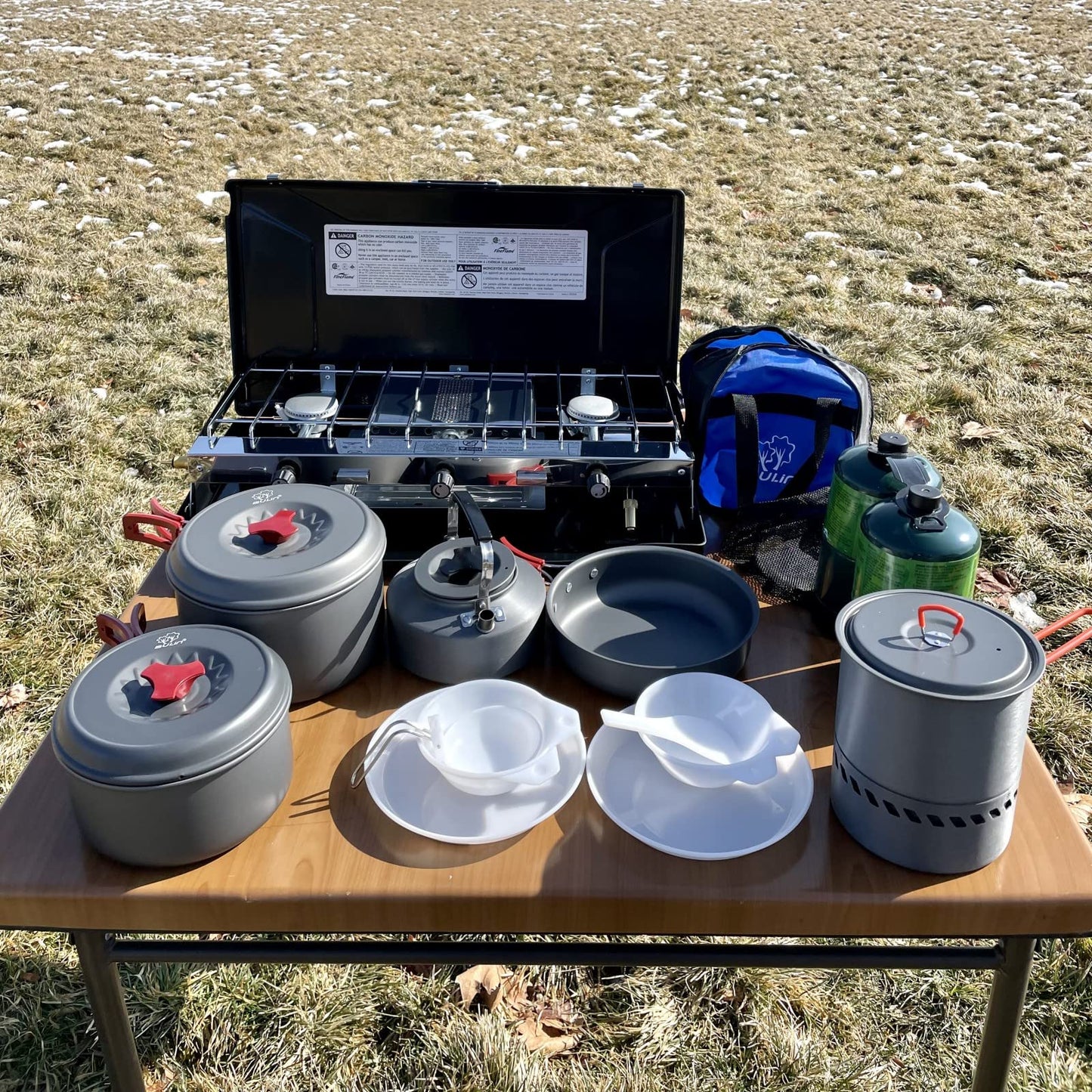 FineFlame Camping Stove 2 Burner With Bulin 13 PCS Camp Cookware Set Camping Cookwear