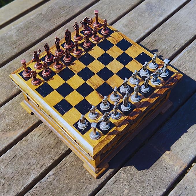 Wooden Chess Set with Storage – Handcrafted Chess Board and British Figure Metal Chess Pieces – Decorative Chess Game for Adults & Kids – Premium Gift for Family & Friends (Copper Chess Pieces