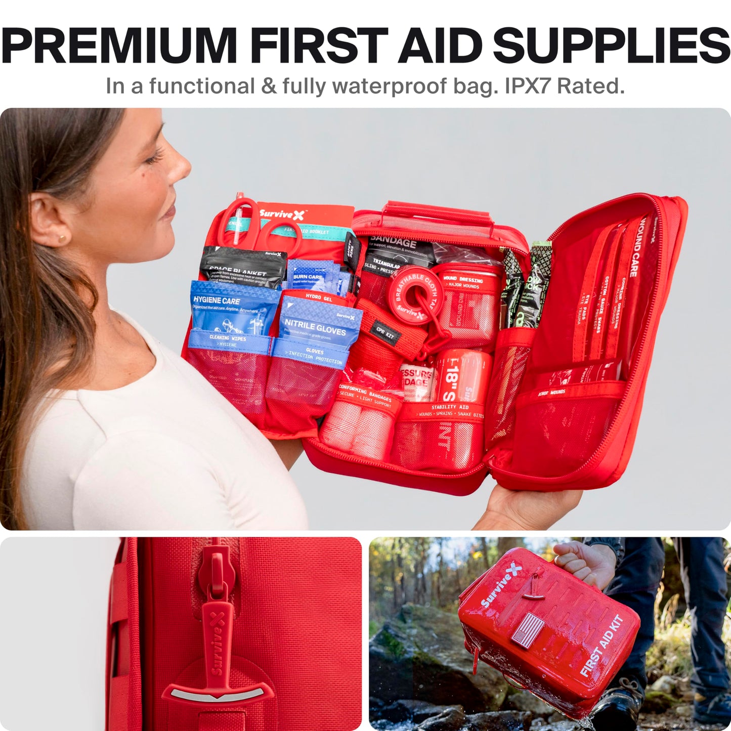 SurviveX Large Waterproof First Aid Kit for Car, Travel & Home - Emergency Kit for Hiking, Camping, Backpacking and Outdoors - Includes Zip Stitch Wound Closure Strips