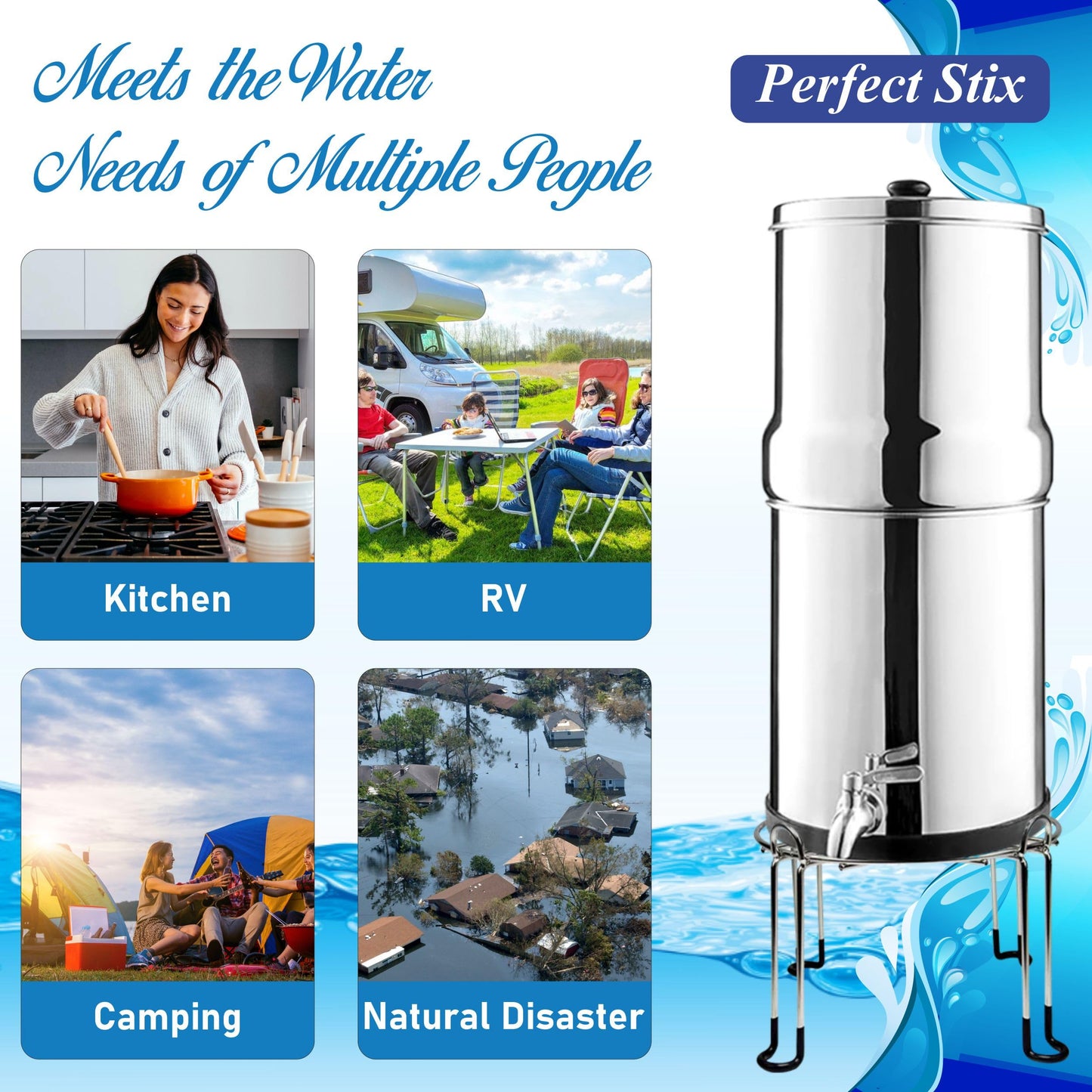 Denali Spring-1.6G (6 Liters)- Stainless Steel Gravity-Fed Water Filtration System with 2 Black Filters, SS Tap, POSTreat Filters, and Stainless Steel