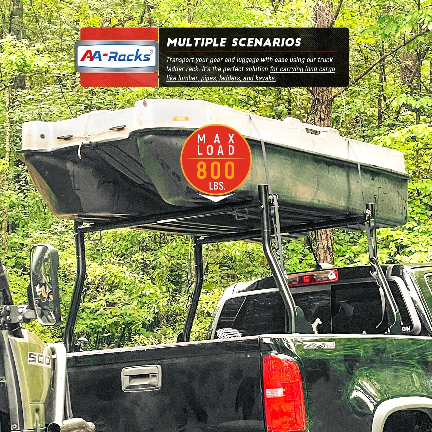 AA-Racks Model X31-J Truck Ladder Rack 800Ibs Capacity with (8) Non-Drilling Z-Clamps Extendable Steel Pick-Up Truck Bed Ladder Rack Two-bar Set - Black