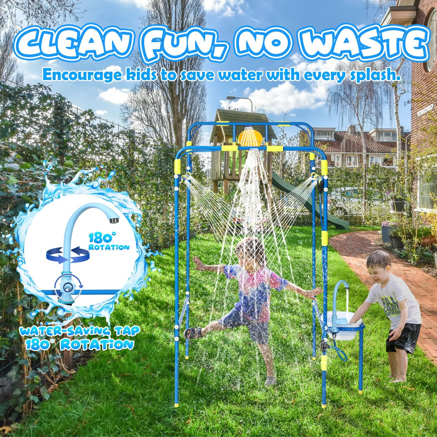 THISWUW Backyard Waterpark for Kids, Heavy-Duty Steel Water Park Sprinkler Toy Game with Splash Buckets, Collapsible Wash Basin & Water Faucets, Water Play Activities Outdoor Summer Toys