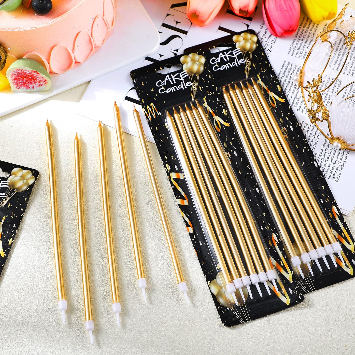 Conelist 30 Pack 8.75 Tall Unscented Champagne Gold Long Birthday Candles for Cake Fancy Thin Cupcake Candle for Birthday Cake Wedding Decorations Party