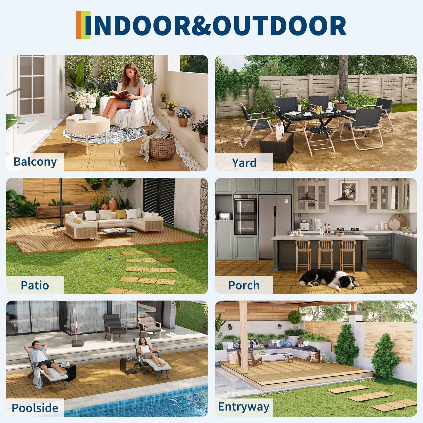 33 Pack Acacia Wood Deck Tiles, 12"X12" Interlocking Patio Flooring (32 Sq ft Total) for Outdoor & Indoor Use - Non-Slip Water Resistant Balcony, Pool Deck Tiles, Easy Snap Together,Yellow