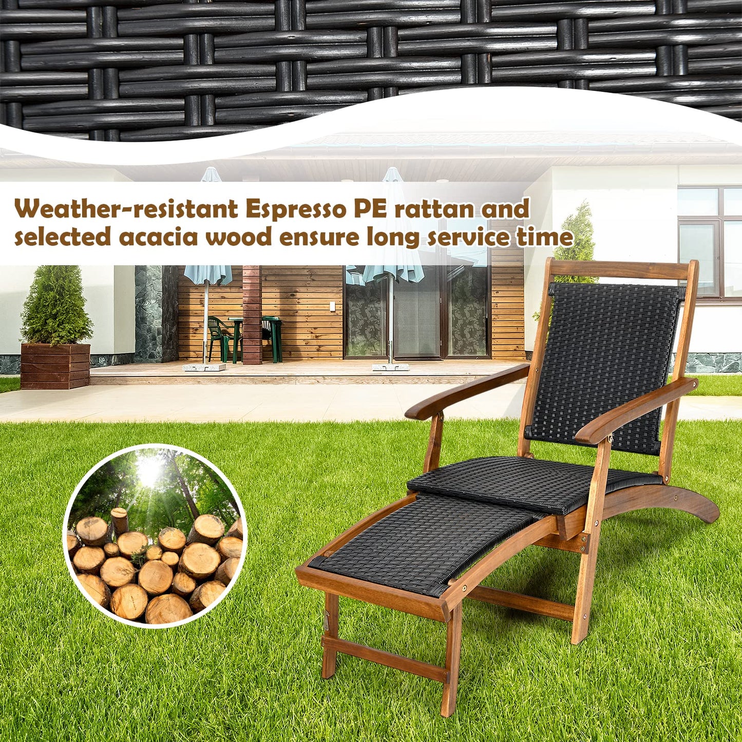 COSTWAY Patio Folding Rattan Lounge Chair, Acacia Solid Wood Frame, Low Deck Chair with Convenient Retractable Footrest, 24” x 51.5” x 32.5”