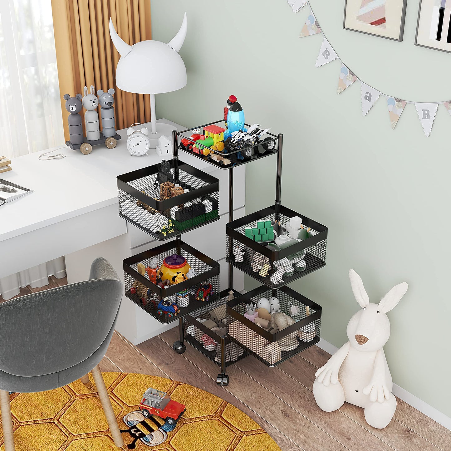 xinyourui Fruit and Vegetable Basket for Kitchen No Assembly, Rotating Storage Rack,Bathroom Storage Shelf, Kitchen Organizers and Storage Cart on Rolling Wheels(Black, 5 Tier-Square)
