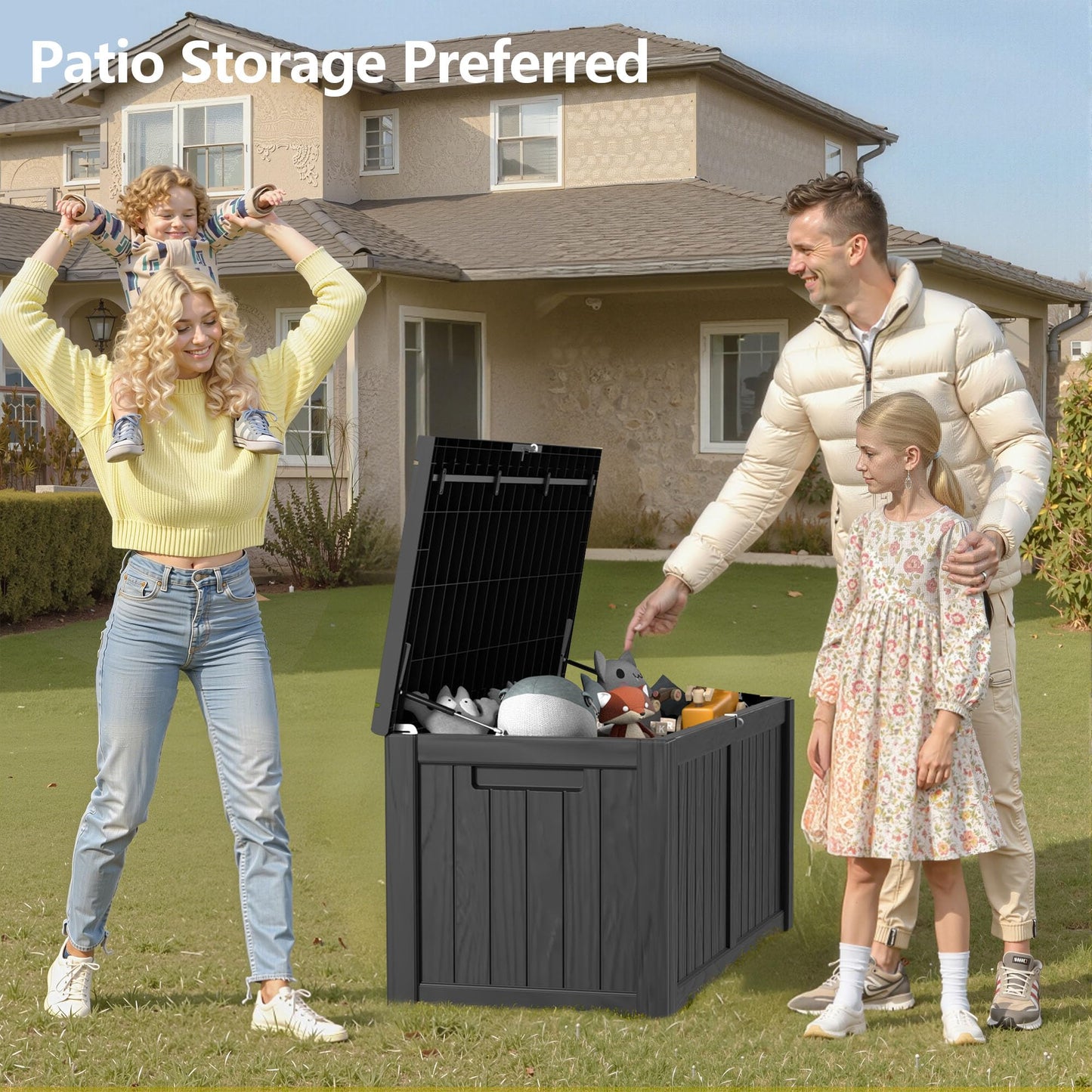 ComeWay 120 Gallon Outdoor Storage Box - Waterproof Resin Deck Box with Stainless Steel Rods - Lockable & Fade Resistant Storage Bin for Patio Cushions & Garden Tools, Black