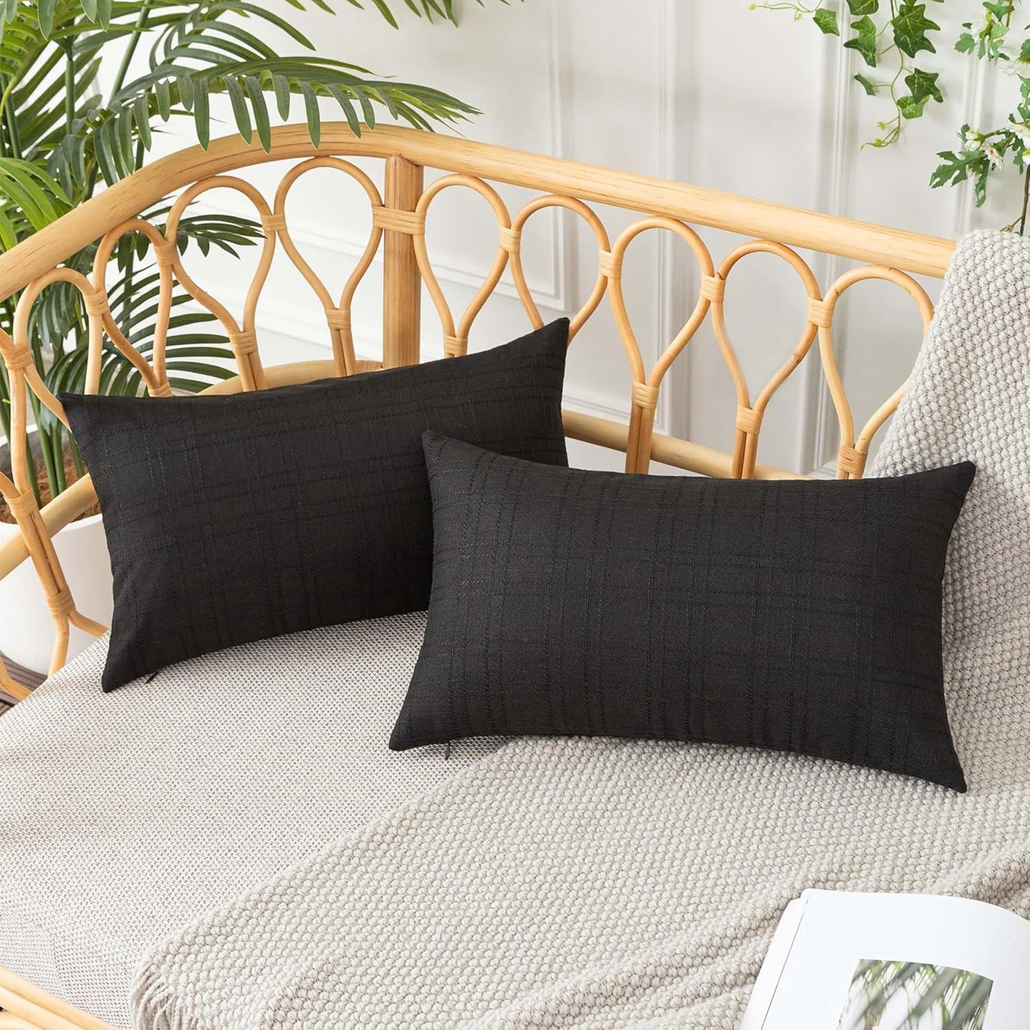 UGASA Outdoor Throw Pillow Covers - Waterproof Plaid Texture | 12x20 Inch Black Farmhouse Decor (Pack of 2)