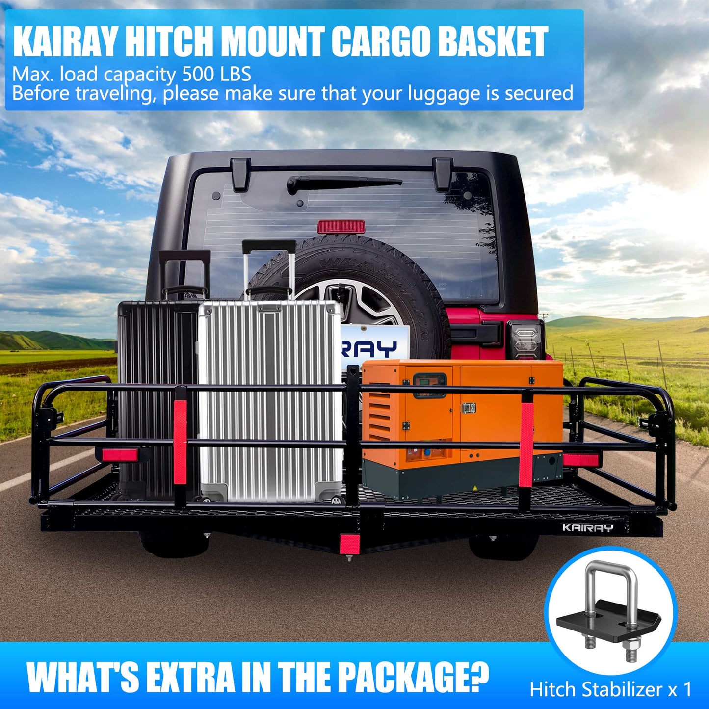 KAIRAY 500 Lbs Heavy Duty Hitch Mount Cargo Carrier 60" x 24" x 14.4" Folding Cargo Rack Rear Luggage Basket Fits 2" Receiver for Car SUV Camping Traveling