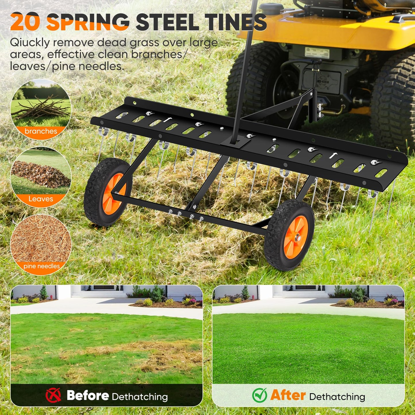 AugFir 48-Inch Tow Behind Dethatcher, Pull Behind Lawn Dethatcher with 20 Spring Steel Tines, Lawn Sweeper Garden Aerator Grass Tractor Rake, Adjustable Hitch Riding Lawn Mower Tractor Attachment