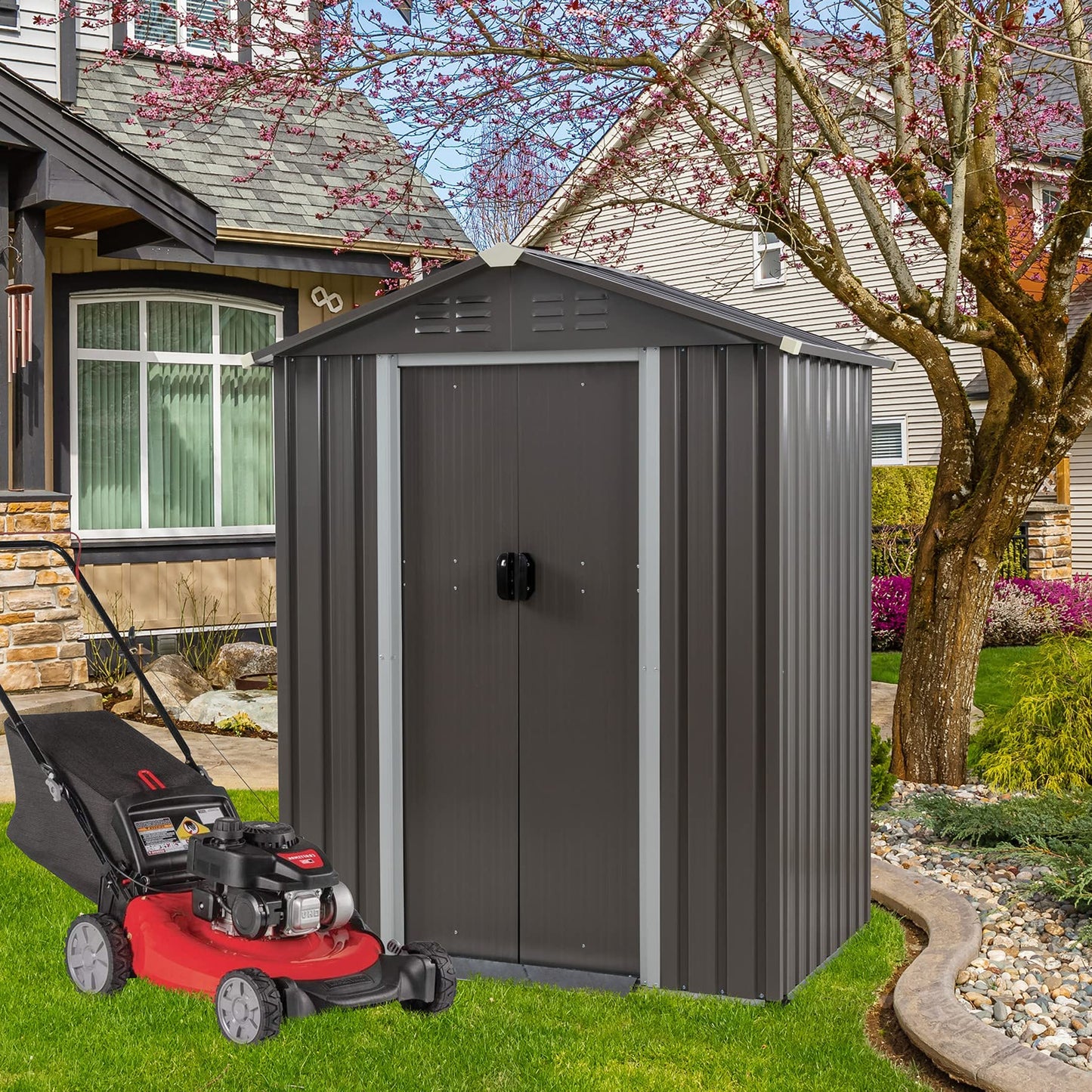 Vongrasig 5 x 3 x 6 FT Outdoor Storage Shed, Metal Tool Shed Clearance Garden Steel Shed with Side Window and Lockable Door Waterproof Tool Shed for Backyard Patio, Lawn (Gray)