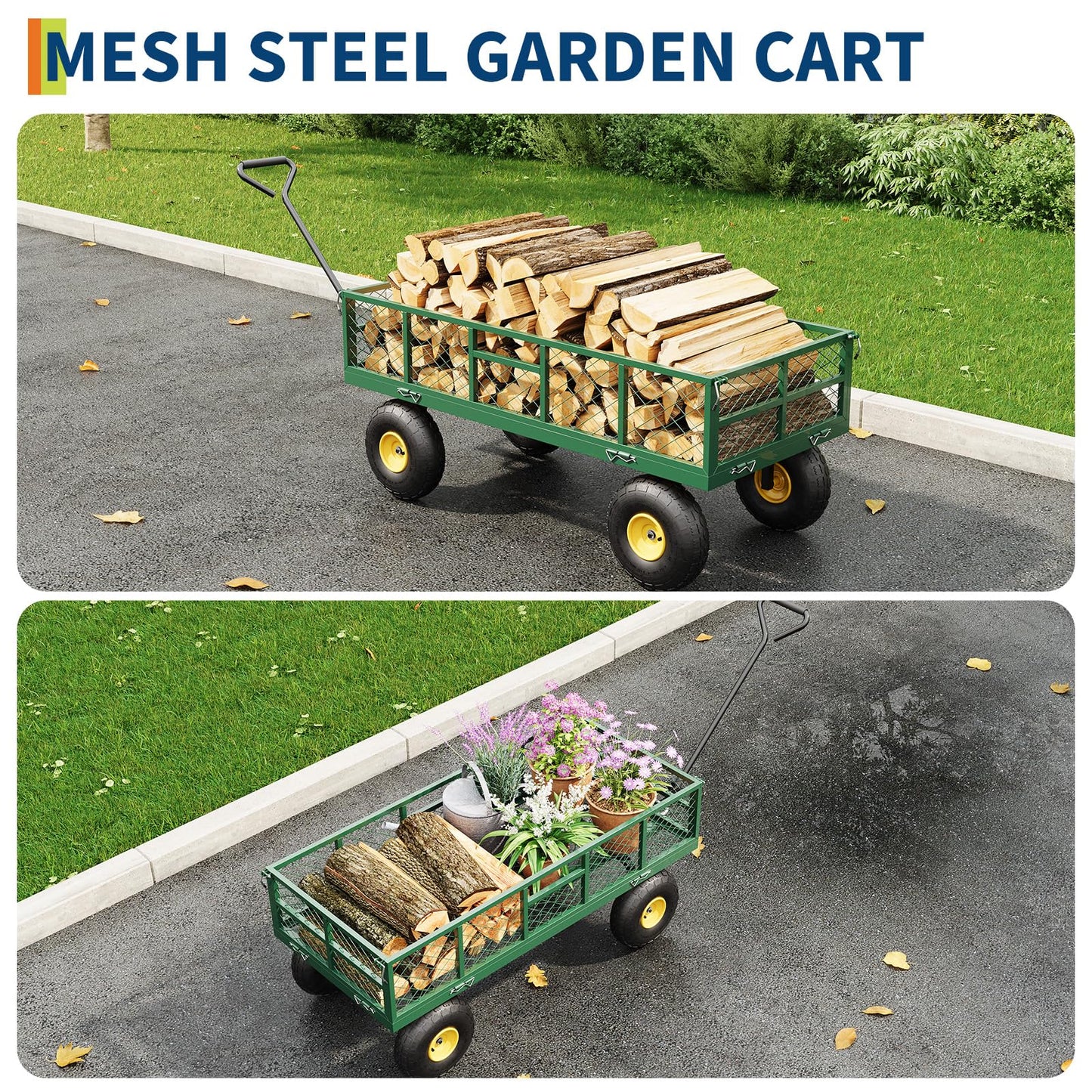 Garvee 900 lbs Steel Garden Dump Cart with Removable Sides, Convert to Flatbed, Heavy Duty Yard Cart with 180°Rotating Handle & 10" All Terrain Wheels, Utility Dump Wagon for Lawn Farm Backyard