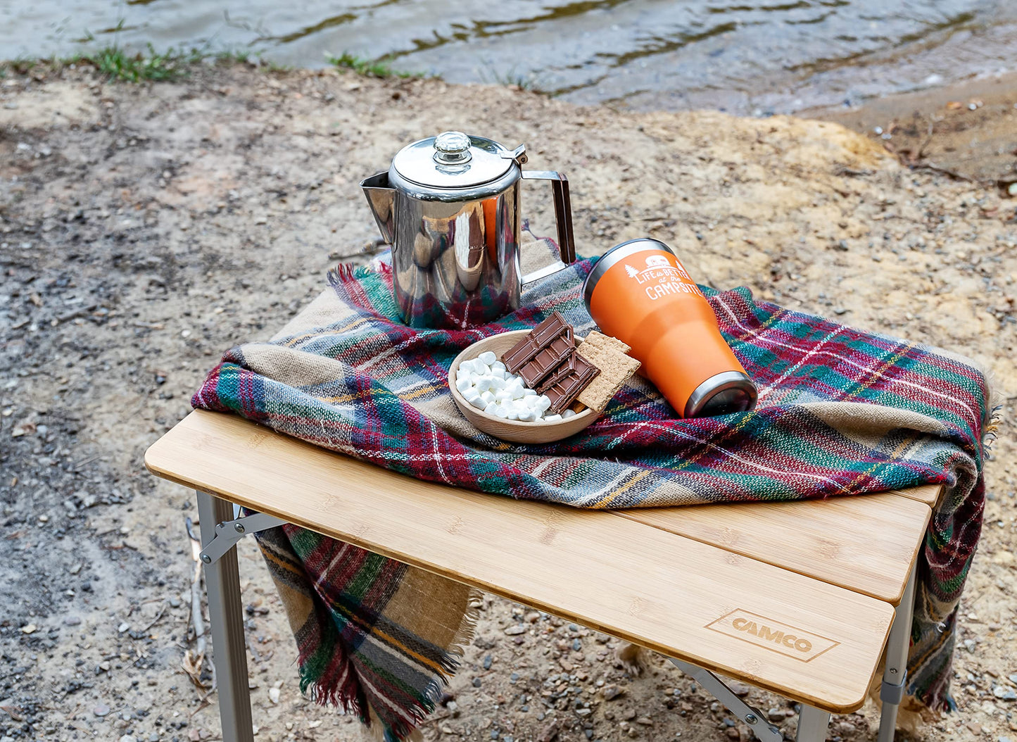 Camco Bamboo Folding Camping Table with Aluminum Legs - Natural Bamboo Top Measures 25 ½ x 19 ¾-inches & Supports Up to 85lbs - Lightweight for Added Portability & Includes Storage Bag (51895)