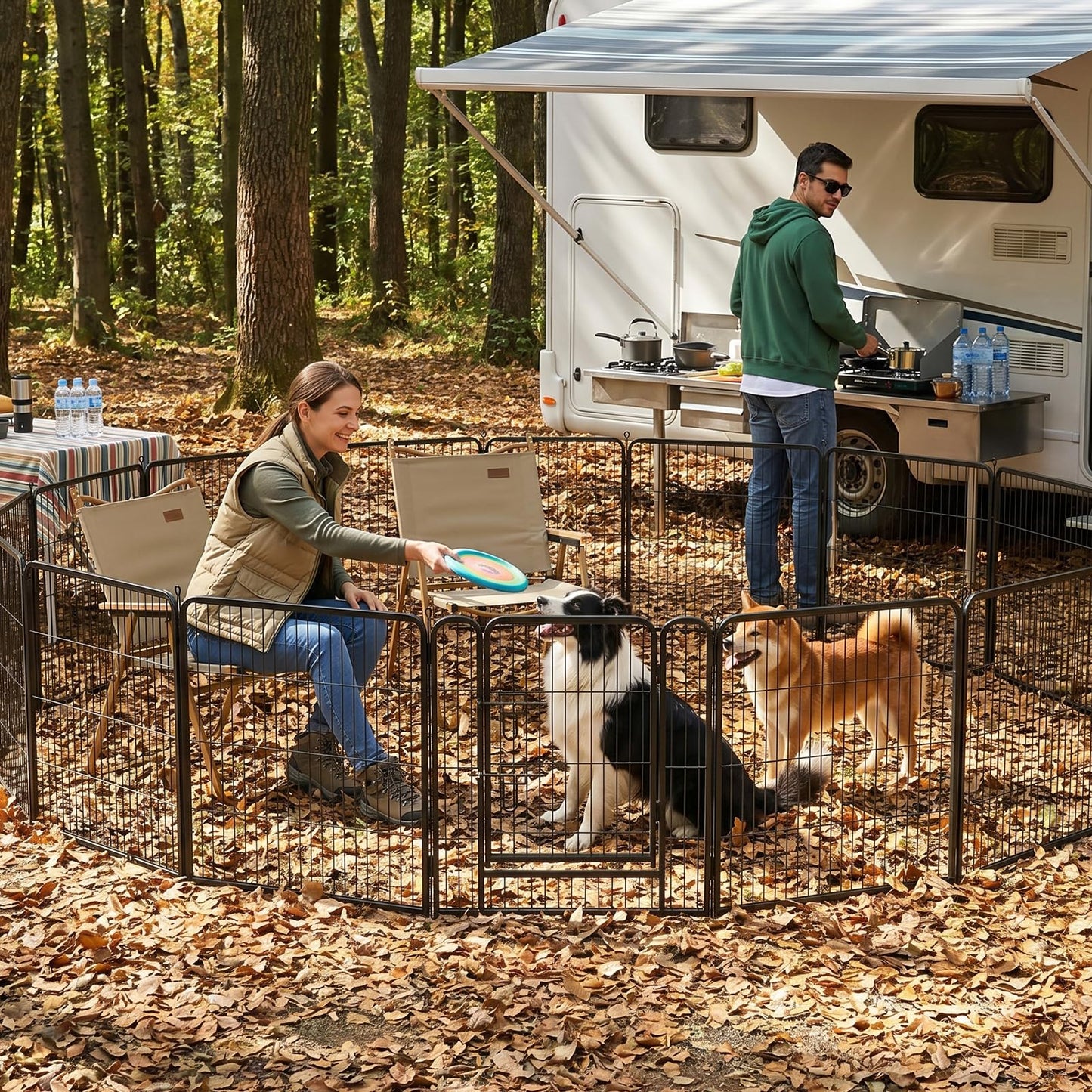 MAKE CHANGES Metal Dog Playpen - 32" Height 16 Panels Foldable Exercise Pen for Dogs Indoor/Outdoor Pen with Door for Pet Animals Portable Pet Playpen Polygon Dog Enclosure (Black)