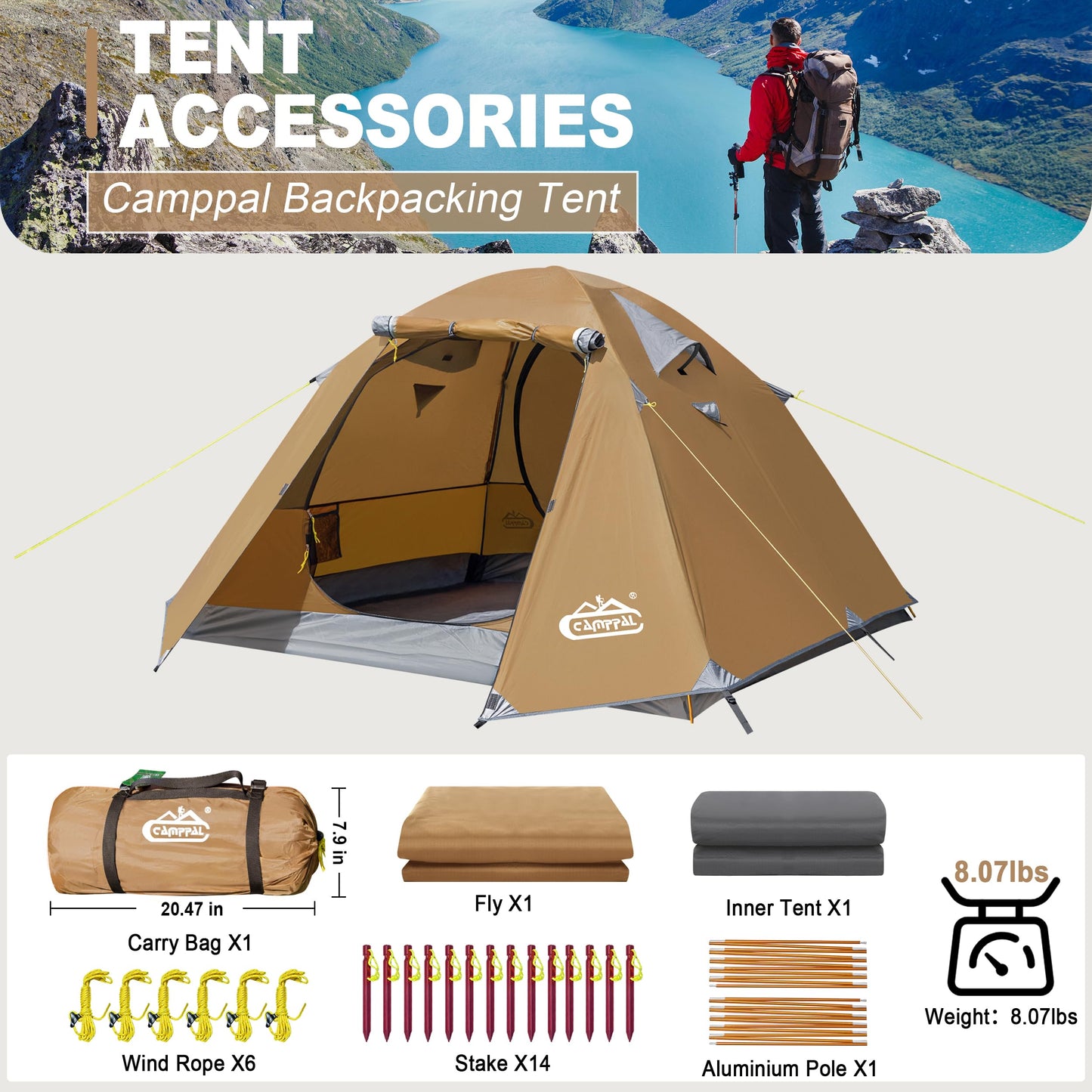 Camppal 2-3 Person Backpacking Tent, Waterproof Windproof 4 Season Tent for Camping, Easy Setup 2 Person Tent for Backpacking, Hiking, Hunting, Motor Cycling & Biking