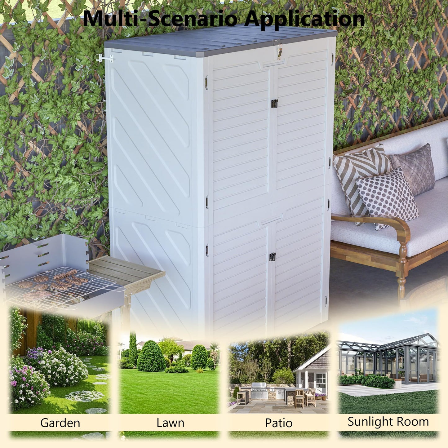 KEIKI Outdoor Storage Shed, Lockable Resin Storage Cabinet with Floor, Weather Resistant Tall Garden Shed for Tools, Patio Cushions, Lawn Equipment Backyard 61 cu. ft, White