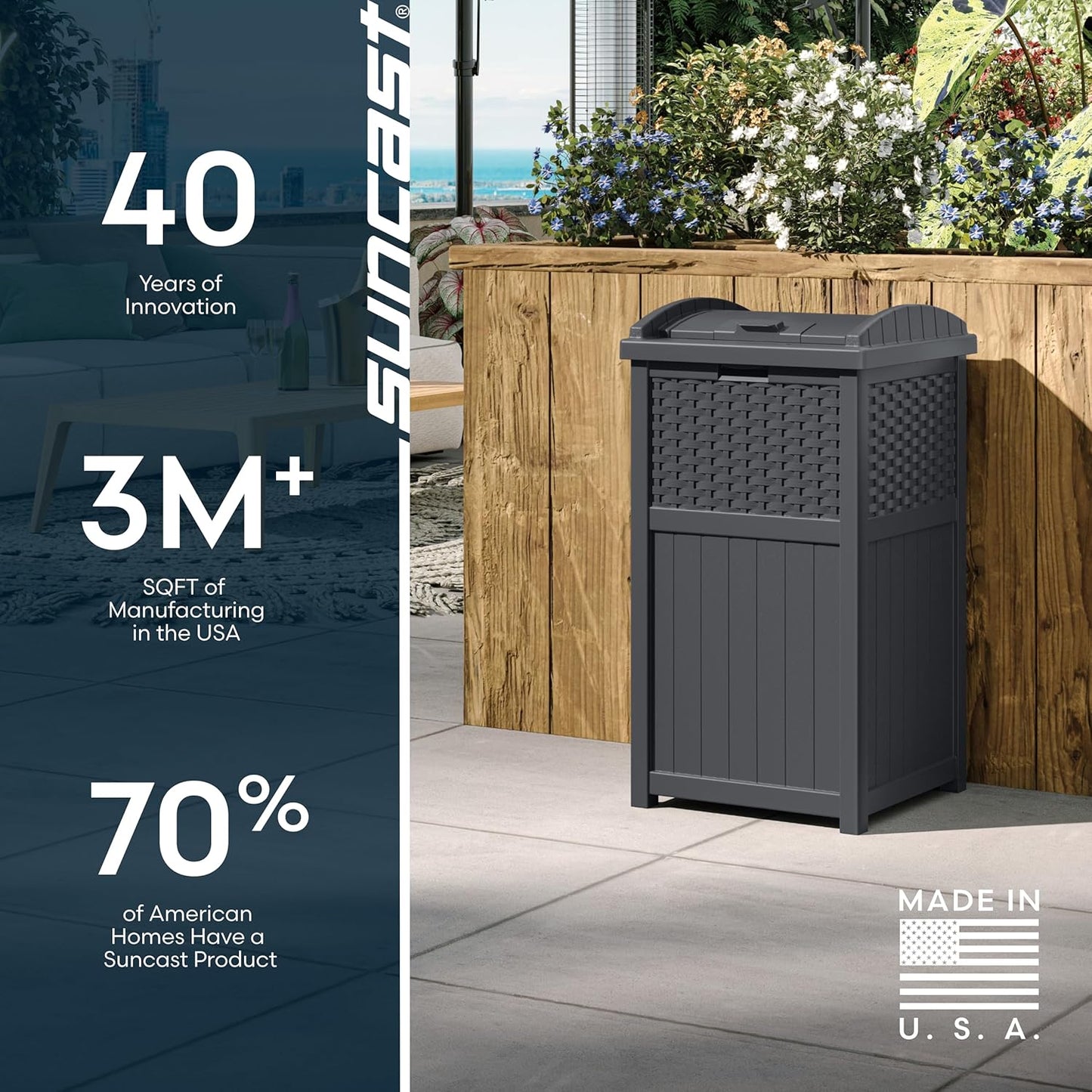 Suncast 33 Gallon Wicker-Style Trash Can - Weather-Resistant with Secure Latching Lid | Cyberspace Grey