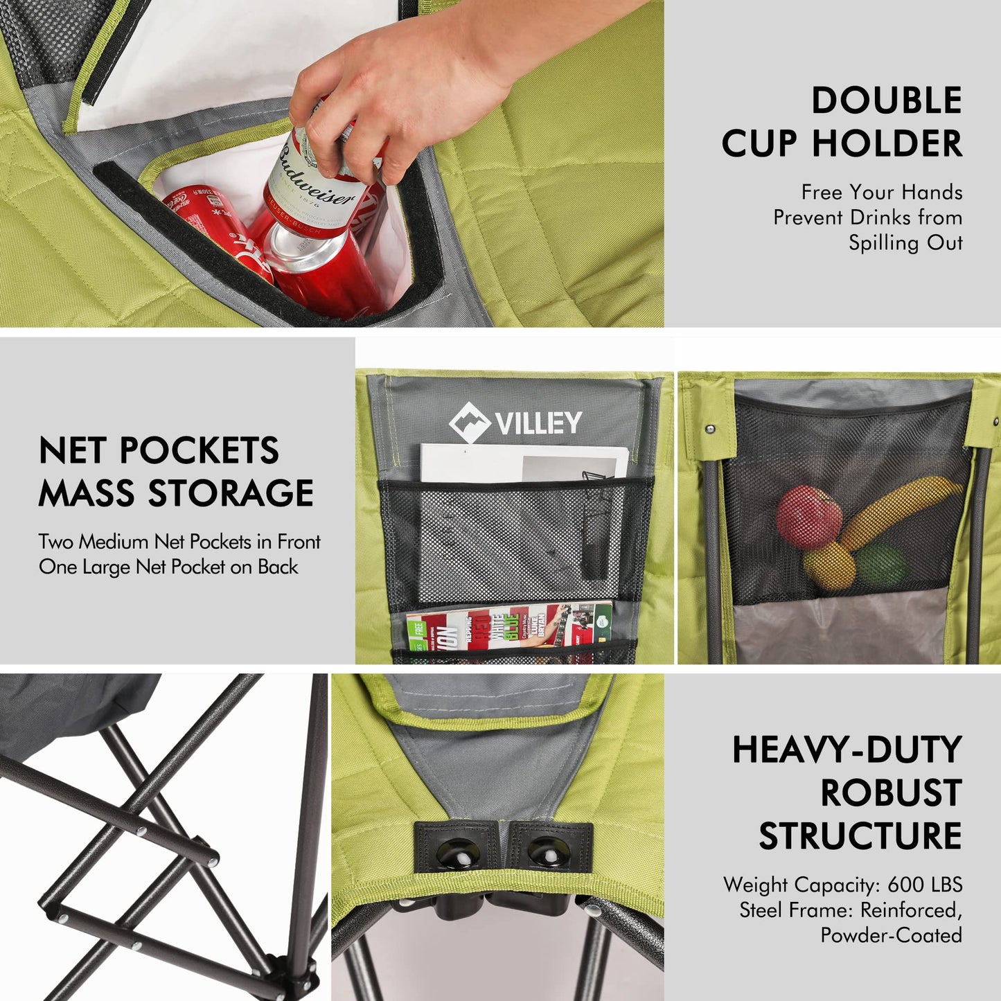 VILLEY Double Camping Chair w/Cooler Bag, Extra Wide Loveseat, Heavy Duty Padded Camping Couch, Portable Folding Chair w/Carry Bag Steel Frame Cup Holders for Camp Lawn Picnic Sports, Support 600LBS