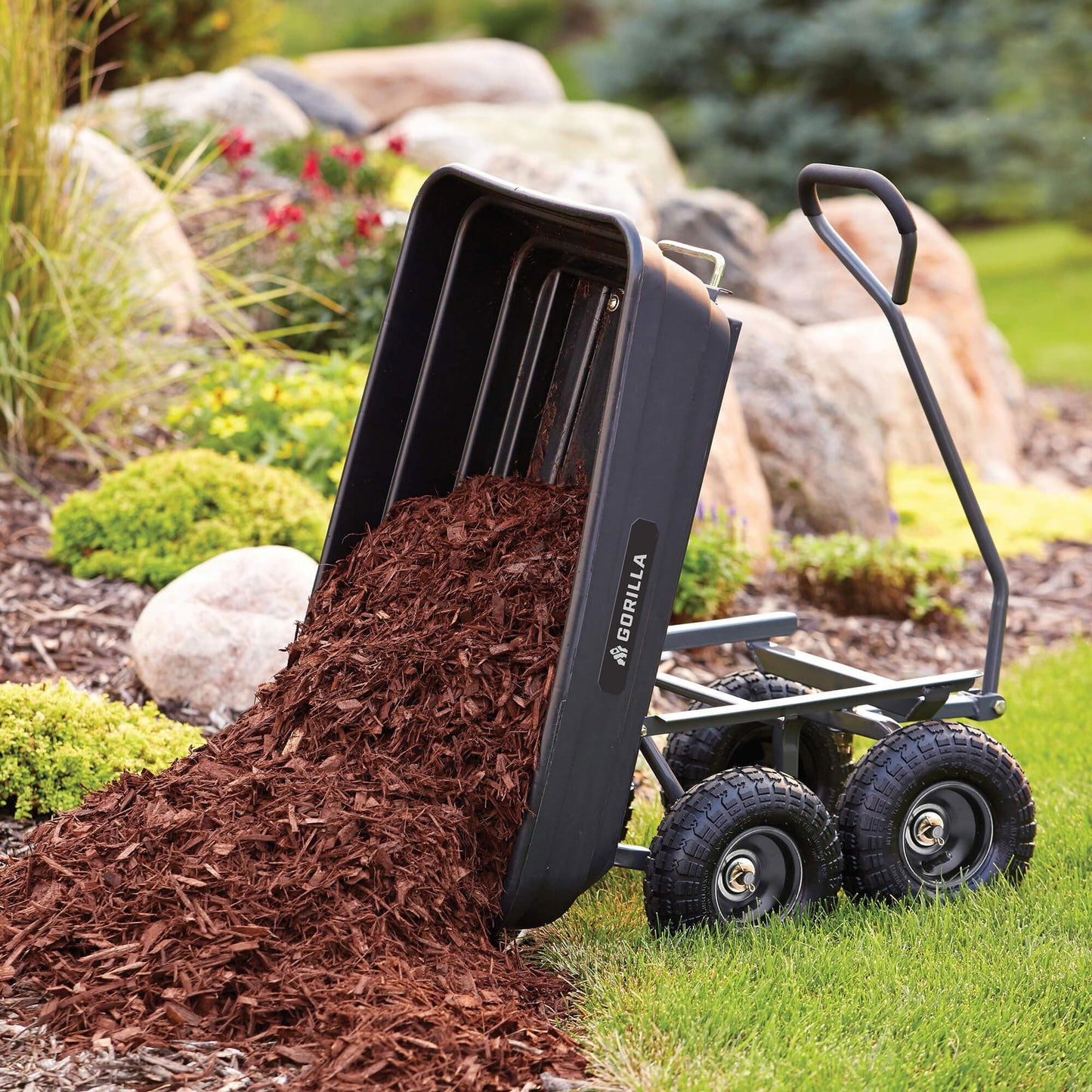 Gorilla Carts Poly Garden Dump Cart, 4 Cu Ft Tub, 600 lb Haul Capacity, Black – Heavy-Duty Utility Wagon with Quick-Release Dumping & Pneumatic Tires for Yard, Landscaping and Gardening