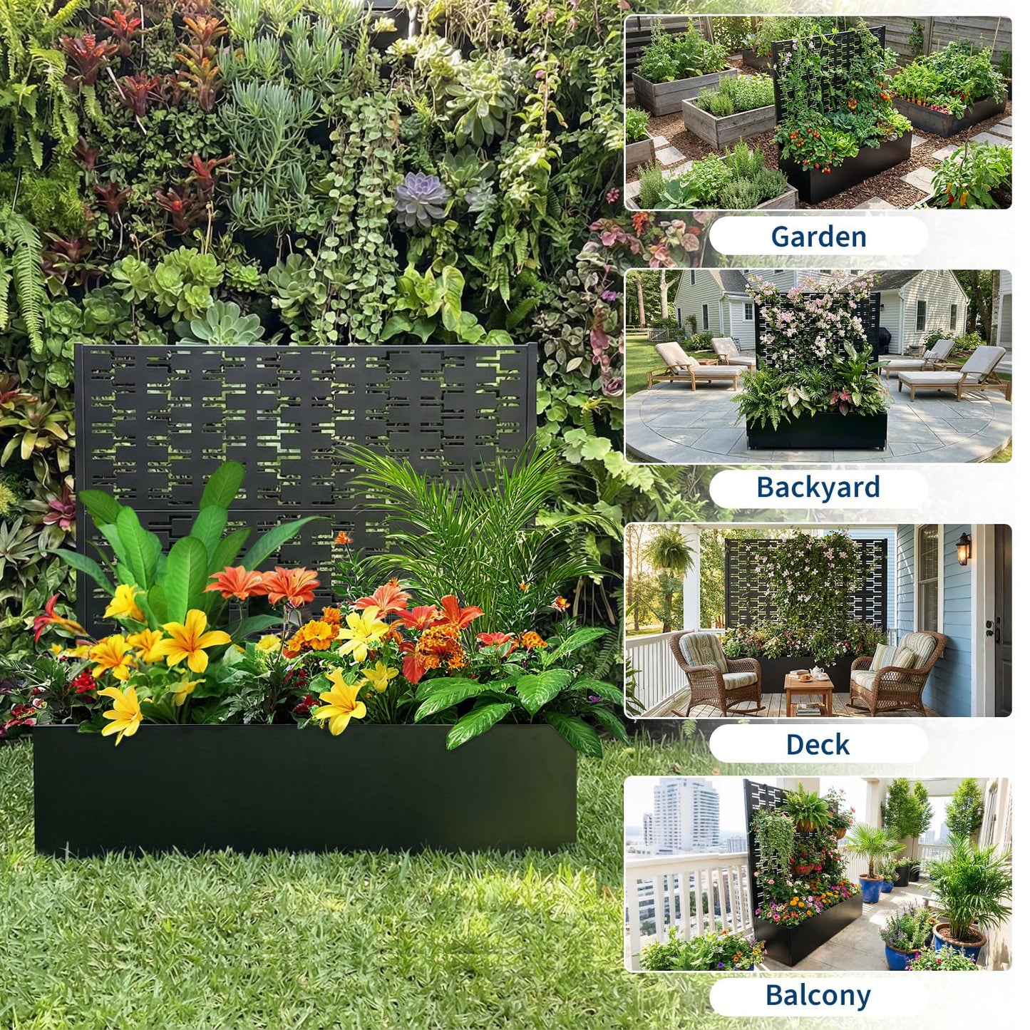 Privacy Planters for Patio, Metal Raised Garden Bed with Trellis and Privacy Screen, 46" x 45" x 15" Planter Box with Drainage Holes for Climbing Plants, Vegetables, Vines, Outdoor Backyard Black