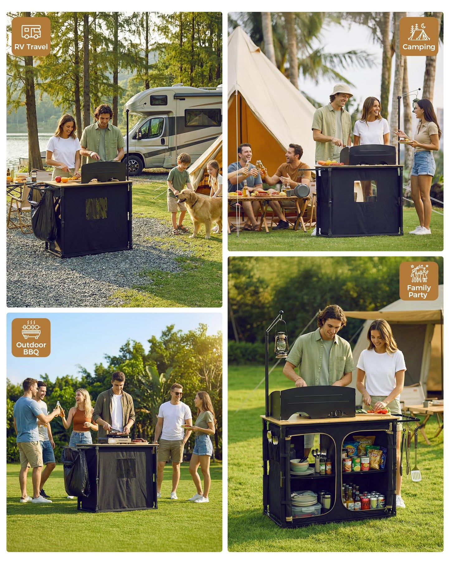 KingCamp Bamboo Camp Kitchen Table, Folding Overland Camping Table with Windscreen & Lantern Pole, Portable Outdoor Cooking Organizer with Storage Cabinets for RV Trip, Tailgating, BBQ, Picnic