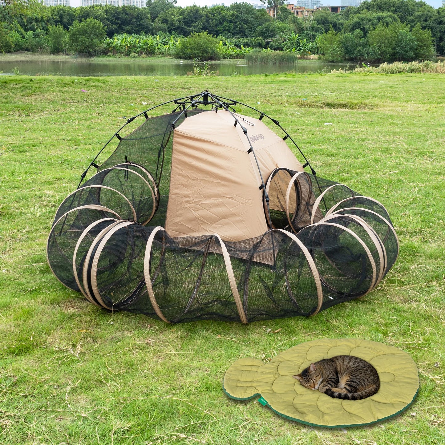 Pop-Up Cat Tent with Soft Pet Bed and 3 Tunnels - Dual Room Kitty Hideaway for Playing & Napping, Scratch-Resistant Mesh, Detachable DIY Interactive Cat Play Set, Portable Indoor Outdoor Cat Cave