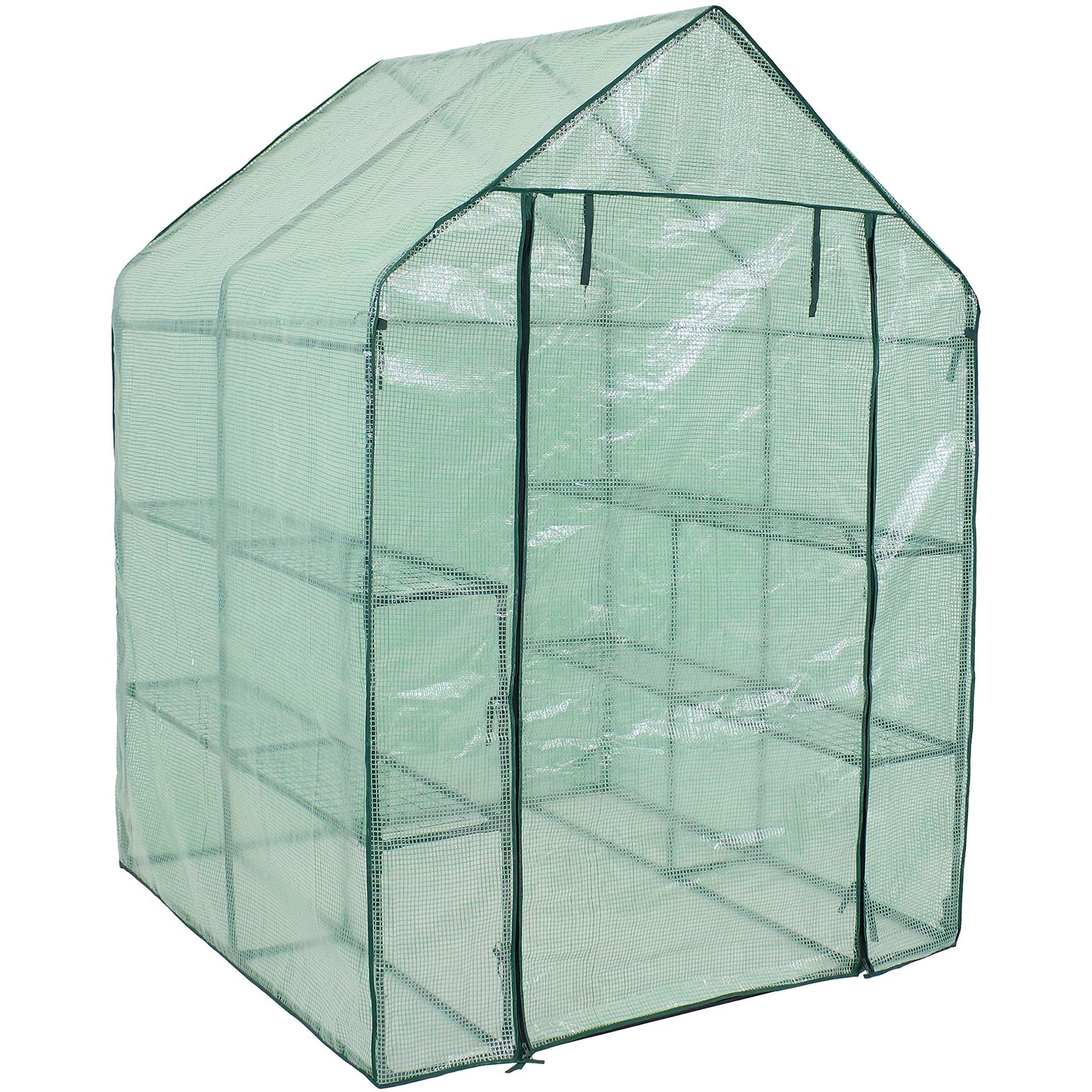 Sunnydaze Portable Outdoor Grandeur Walk-in Greenhouse with 4 Steel Wire Shelves and Roll-Up Door - Green