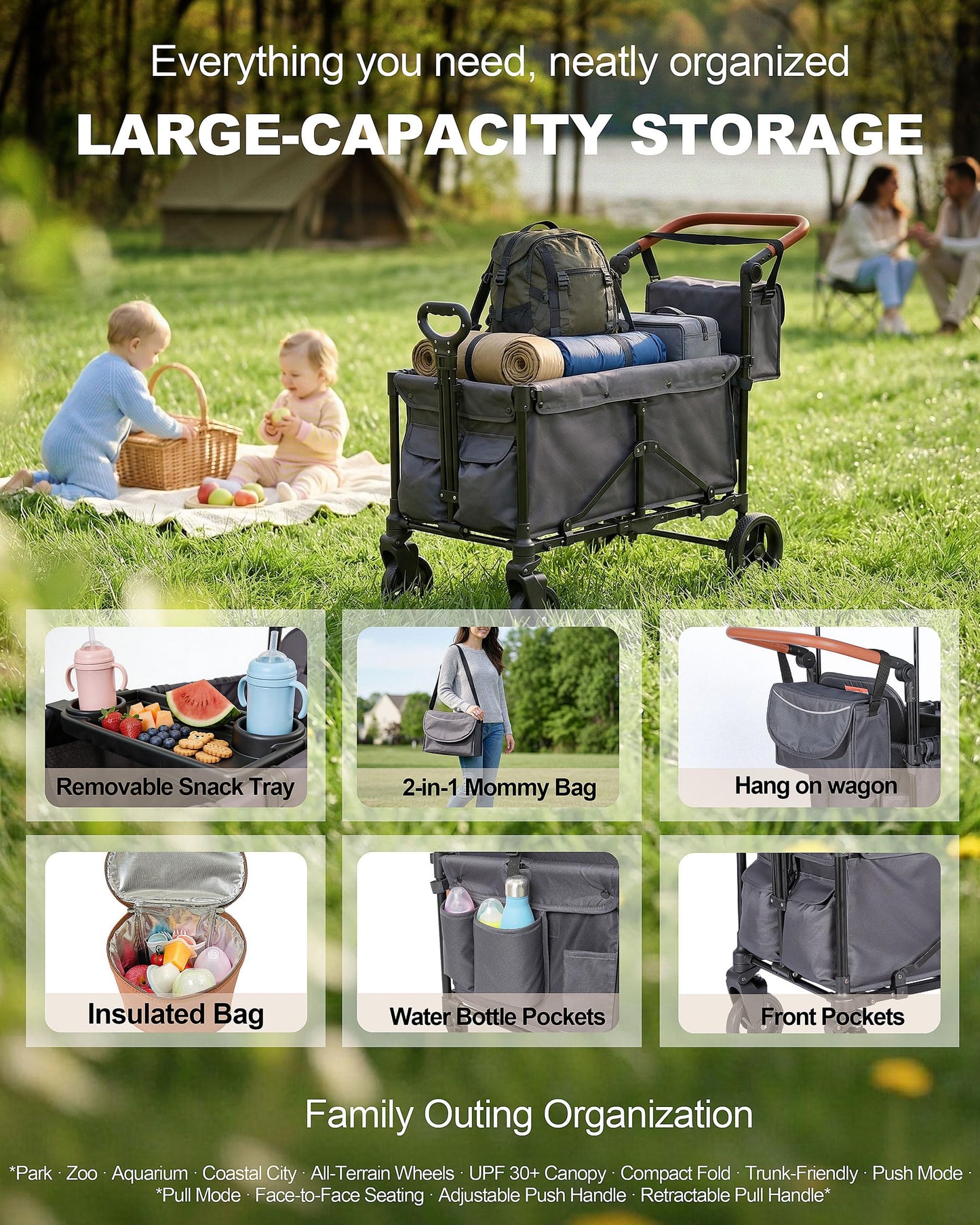 BudGlowey 2-in-1 Wagon Stroller for 2 Kids – Adjustable Push & Pull Handle All‑Terrain Wagon with Canopy, 5‑Point Harnesses, sanck Tray 2-in-1 Storage Bag, Lightweight, Compact – Grey