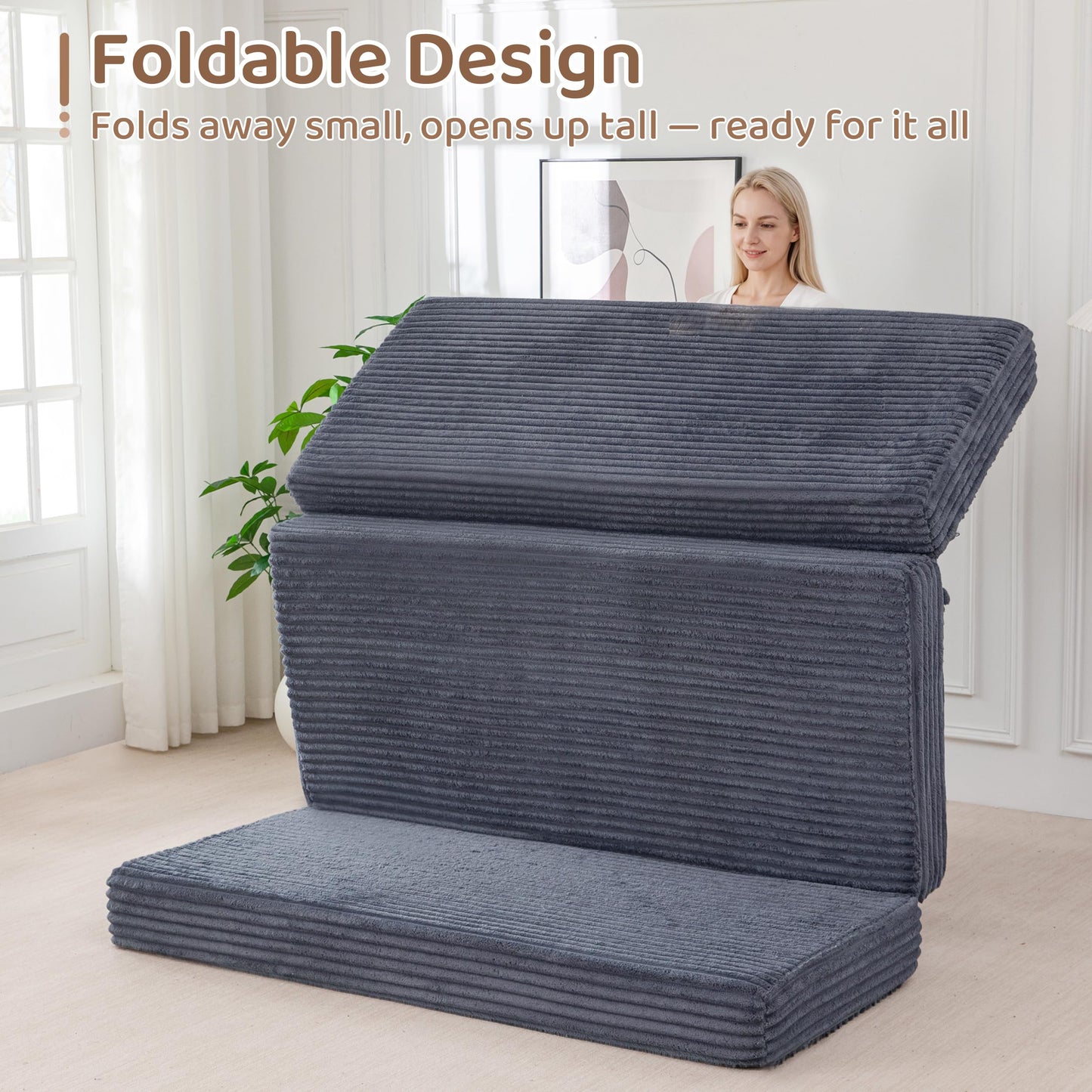 BYBYME Thick Corduroy Tri-Folding Mattress, 6 Inch Gel Folding Mattress Topper, Foldable Sofa Couch Soft Guest Bed Camping Pad, with Washable Covers (Dark Gray, Queen)