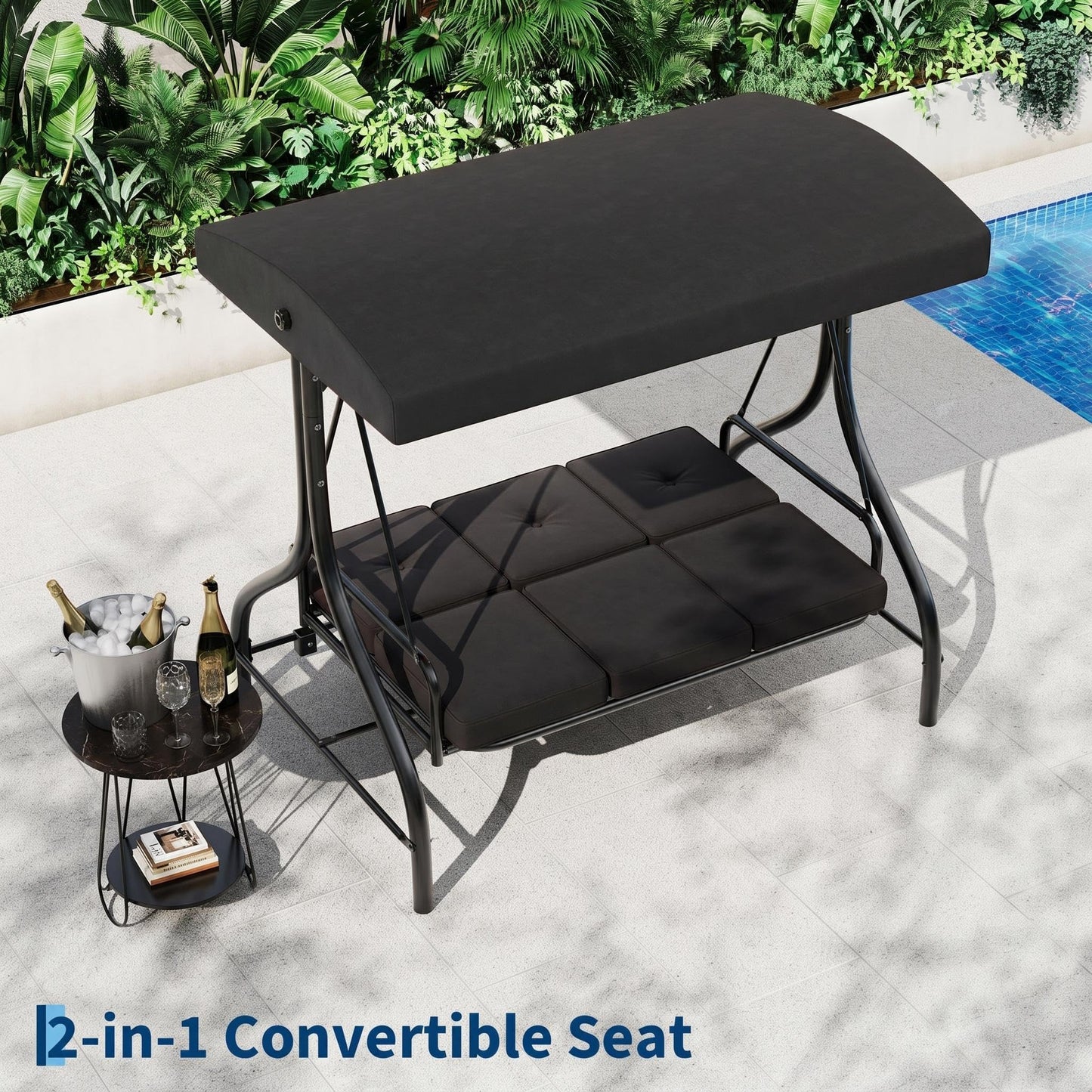 3-Seat Outdoor Porch Swing with Adjustable Canopy, Patio Swing Chair with Stand, 800 Lbs Heavy Duty Steel Frame, Reclines to 180° Swing Bed, Cup Holder Trays, Cushions & Pillows for Garden, Black