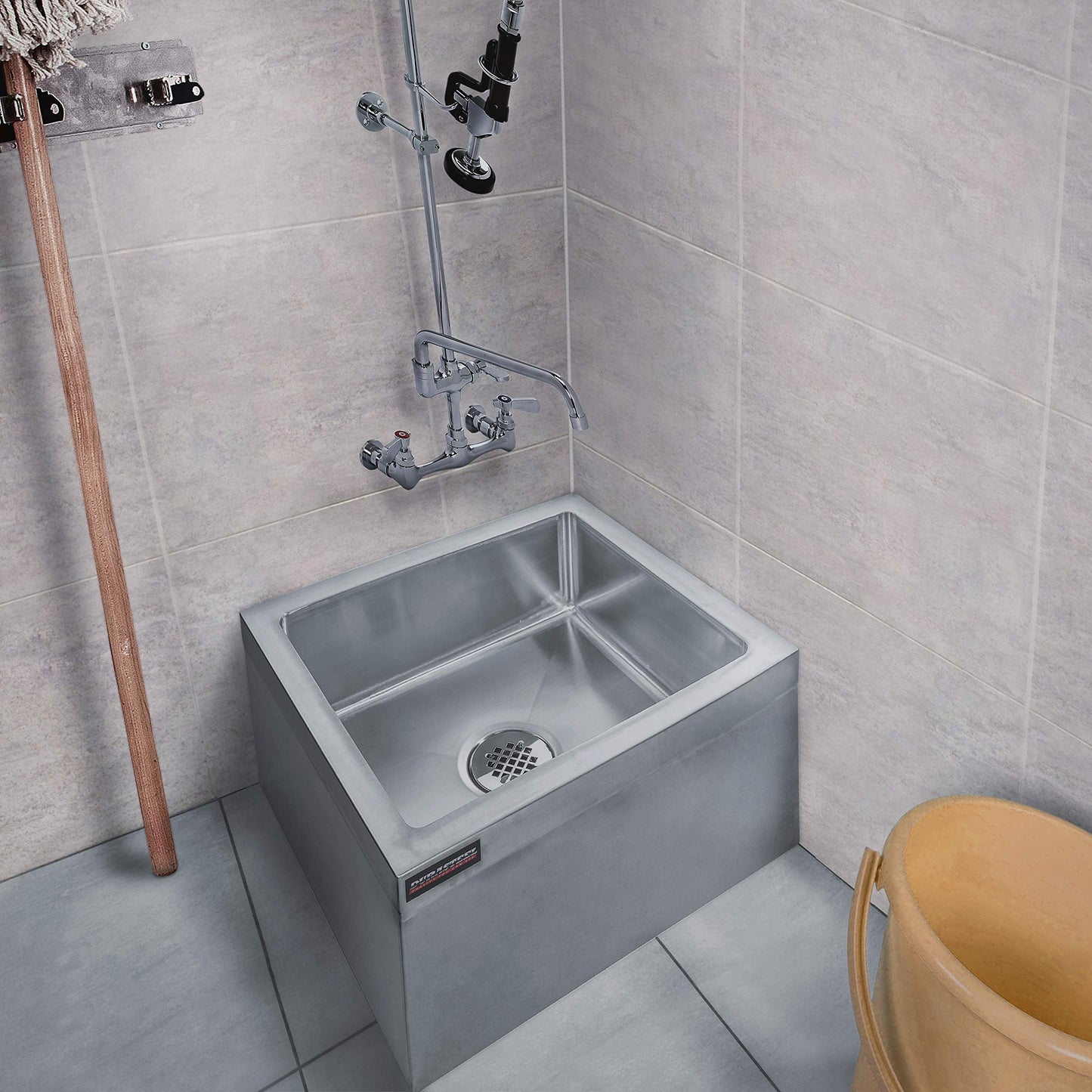 DuraSteel 24x24x13 Commercial Floor Mop Sink - NSF Certified 304 Stainless Steel Utility Room Service Basin with Leak Proof Flat Drain - Large Tub for Dog Washing, Filling Water Bucket, Cleanup